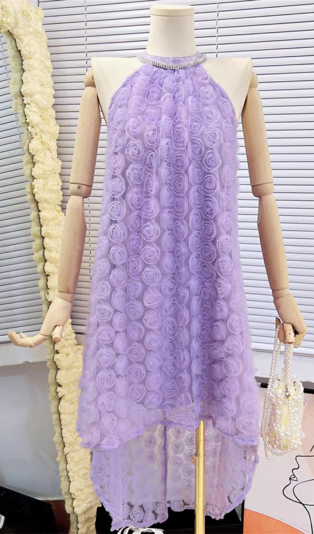 3D PURPLE ROSE HALTER BACKLESS MIDI DRESS