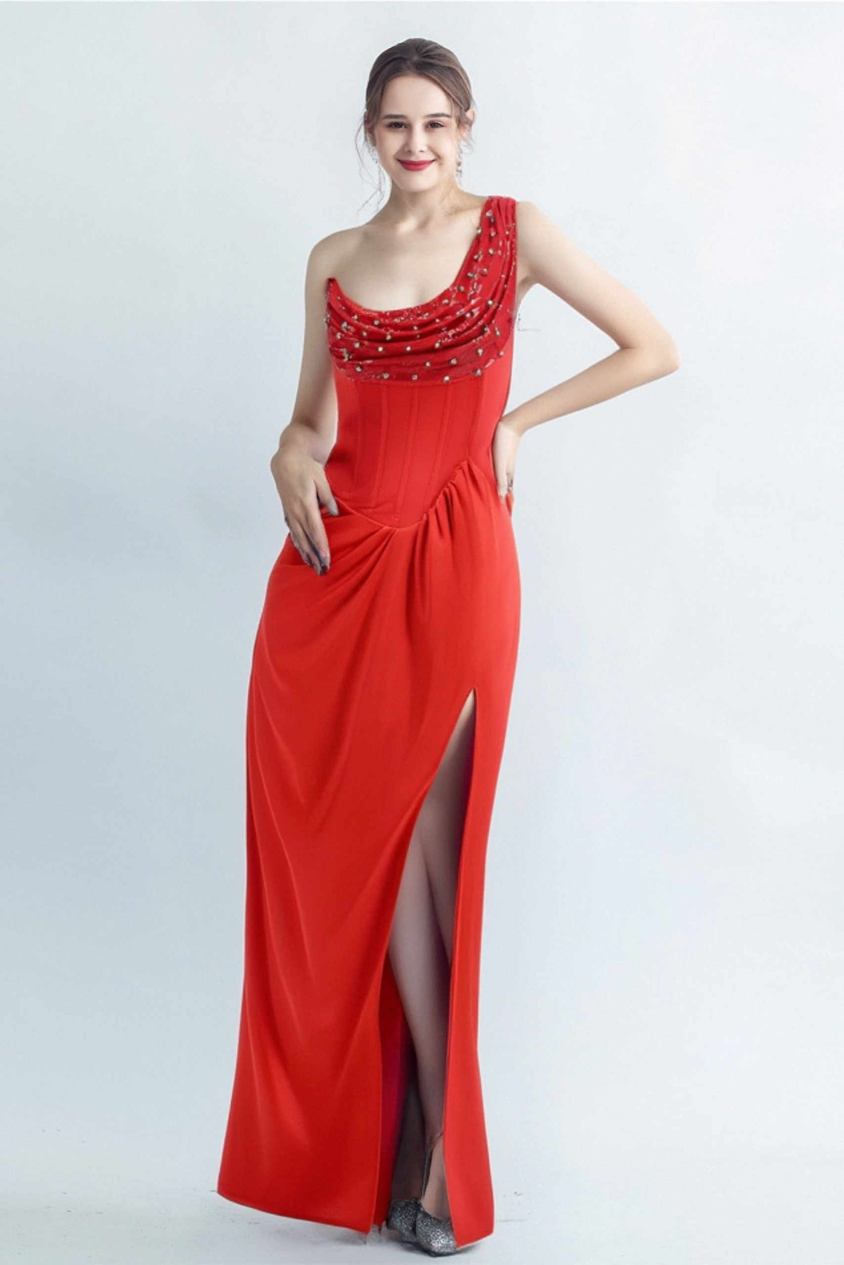 ELMA ONE-SHOULDER RED MAXI SLIT CRYSTAL DRESS