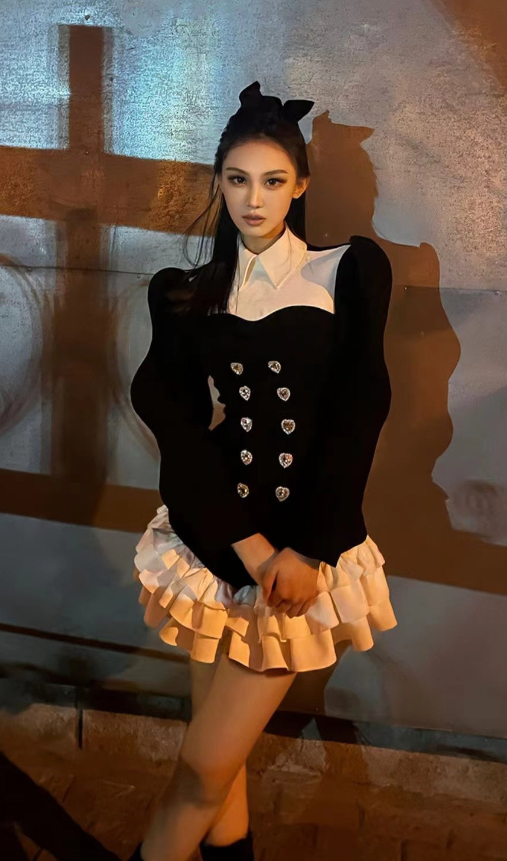 DIAMOND SPLICE RUFFLE LAPEL DRESS FOR PARTY