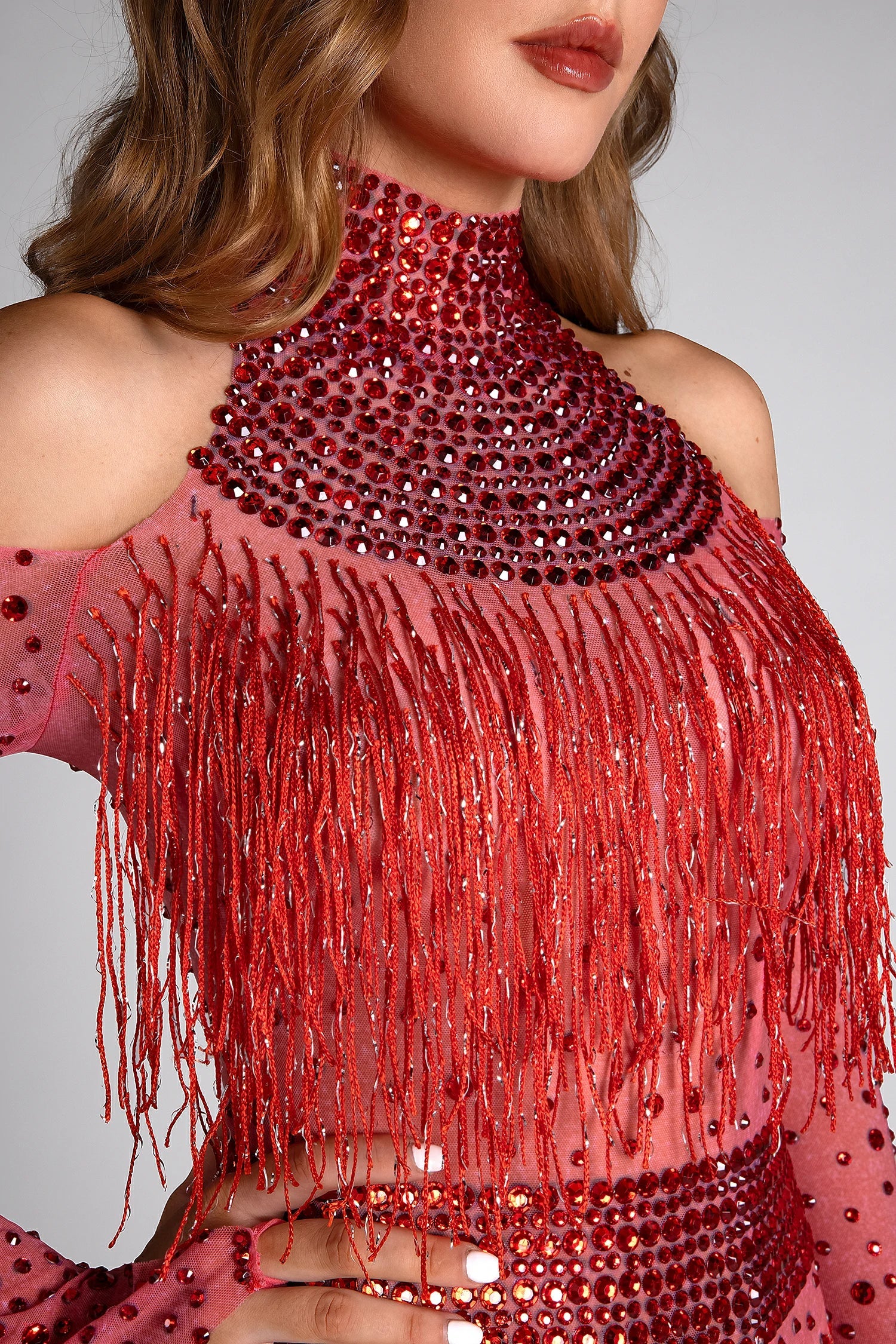 LILLELIS RHINESTONE FRINGE MESH HALTER BODYSUIT