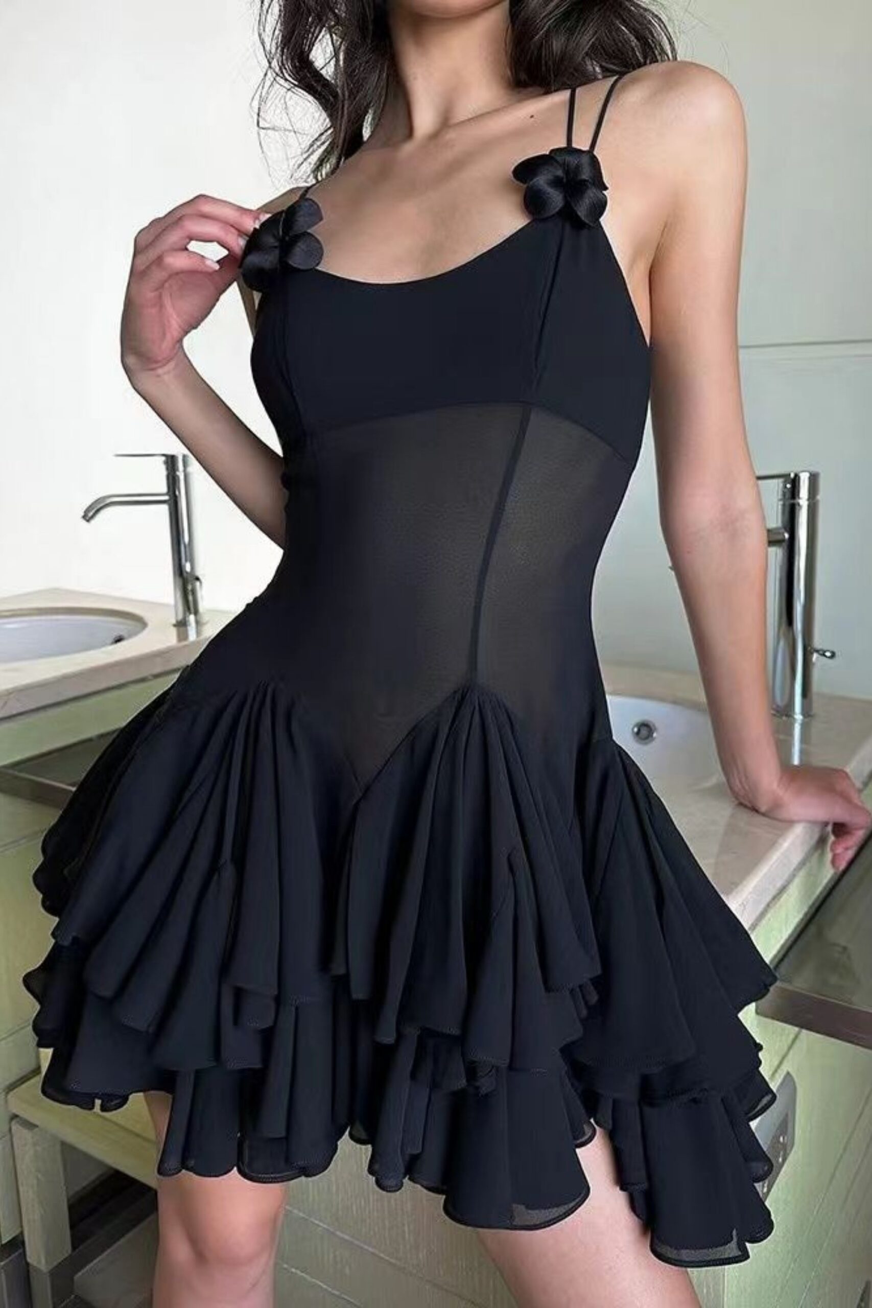 LYCRA BLACK FLORAL MINI DRESS FOR PARTIES