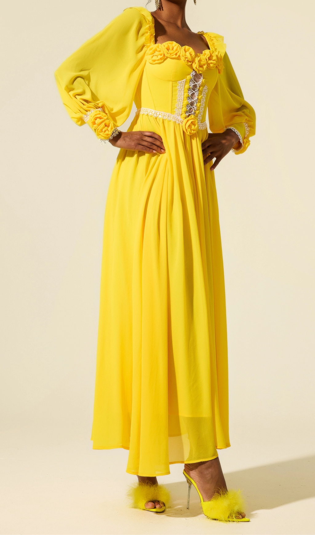 YELLOW CHIFFON 3D FLOWER MIDI DRESS FOR WEDDING GUEST