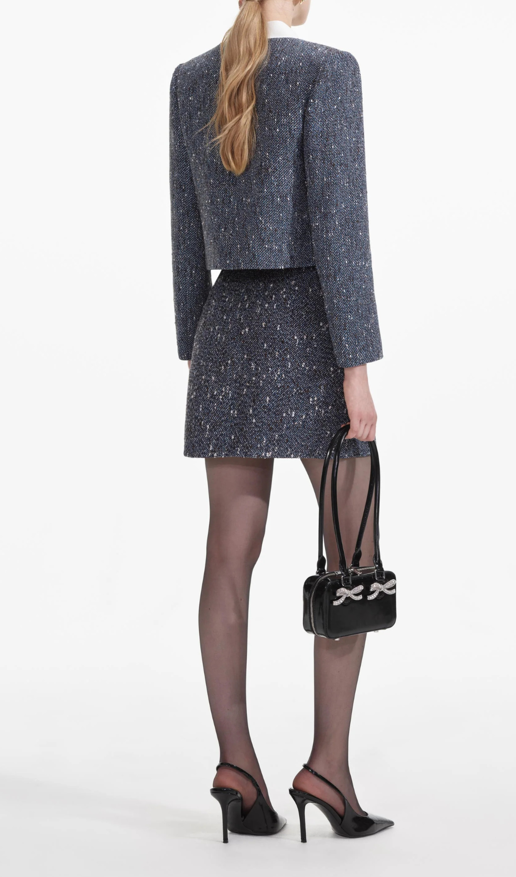 BLUE BOUCLE MINI SKIRT FOR WORK