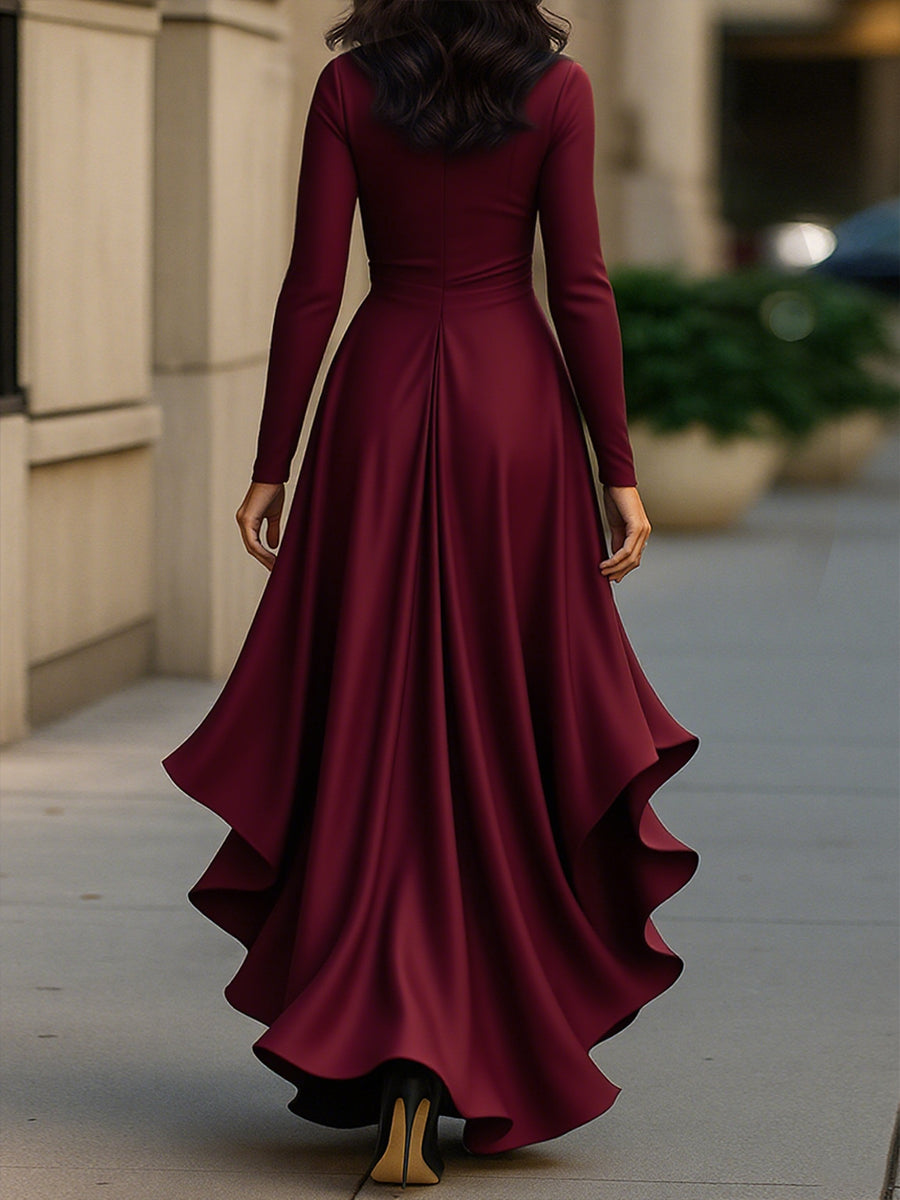 MIDNIGHT BLUE DRAPED SATIN MAXI DRESS, RUFFLE EVENING GOWN