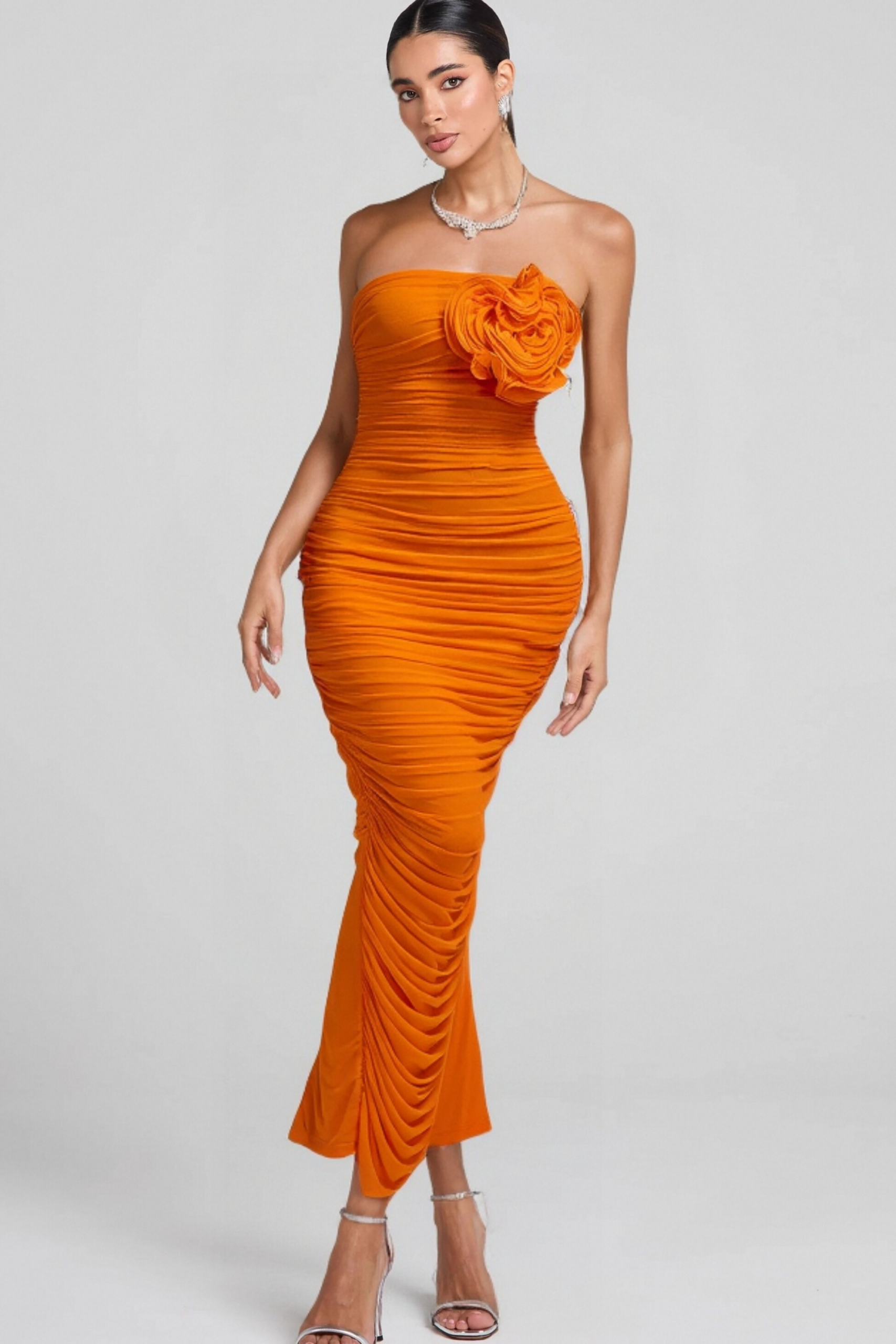 ORANGE OPEN BACK RUCHED FLOWER BODYCON MAXI DRESS