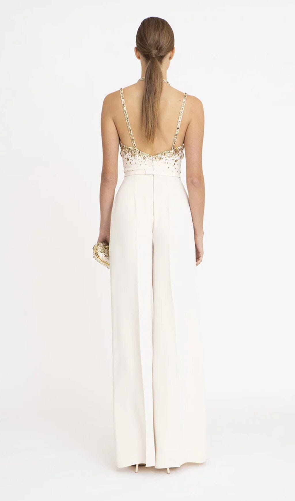 V-NECK SEQUIN HALTER JUMPSUIT WHITE
