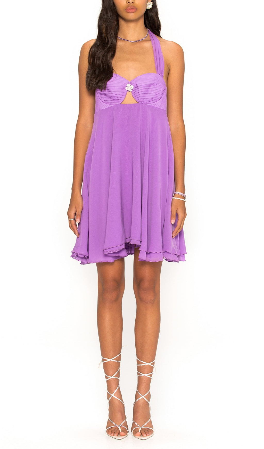PURPLE PLEATED HALTER MINI DRESS FOR PARTY