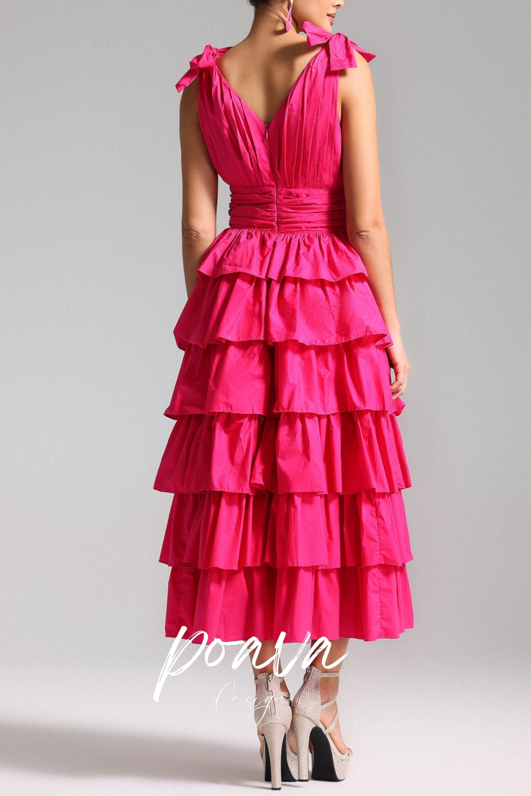 PLUNGE V-NECK RUFFLE TIERED SLIT GOWN PINK