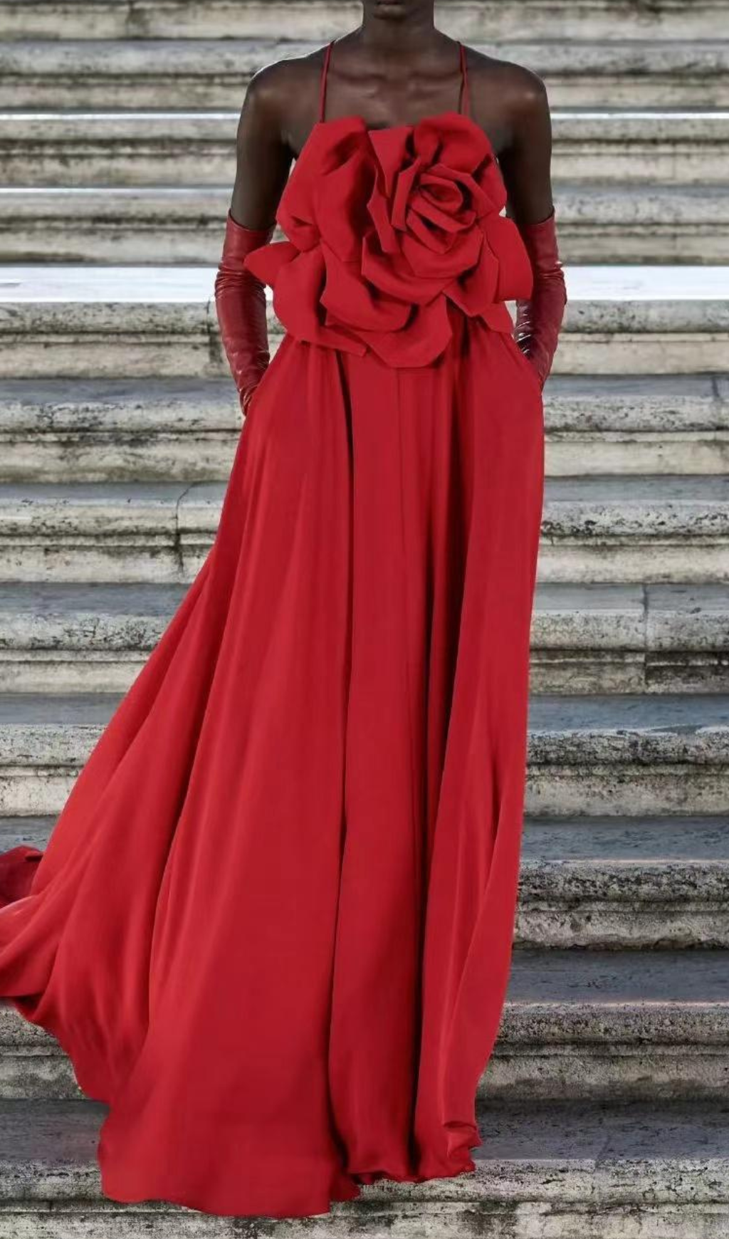 WINIFRED RED 3D FLOWER STRAP MAXI DRESS