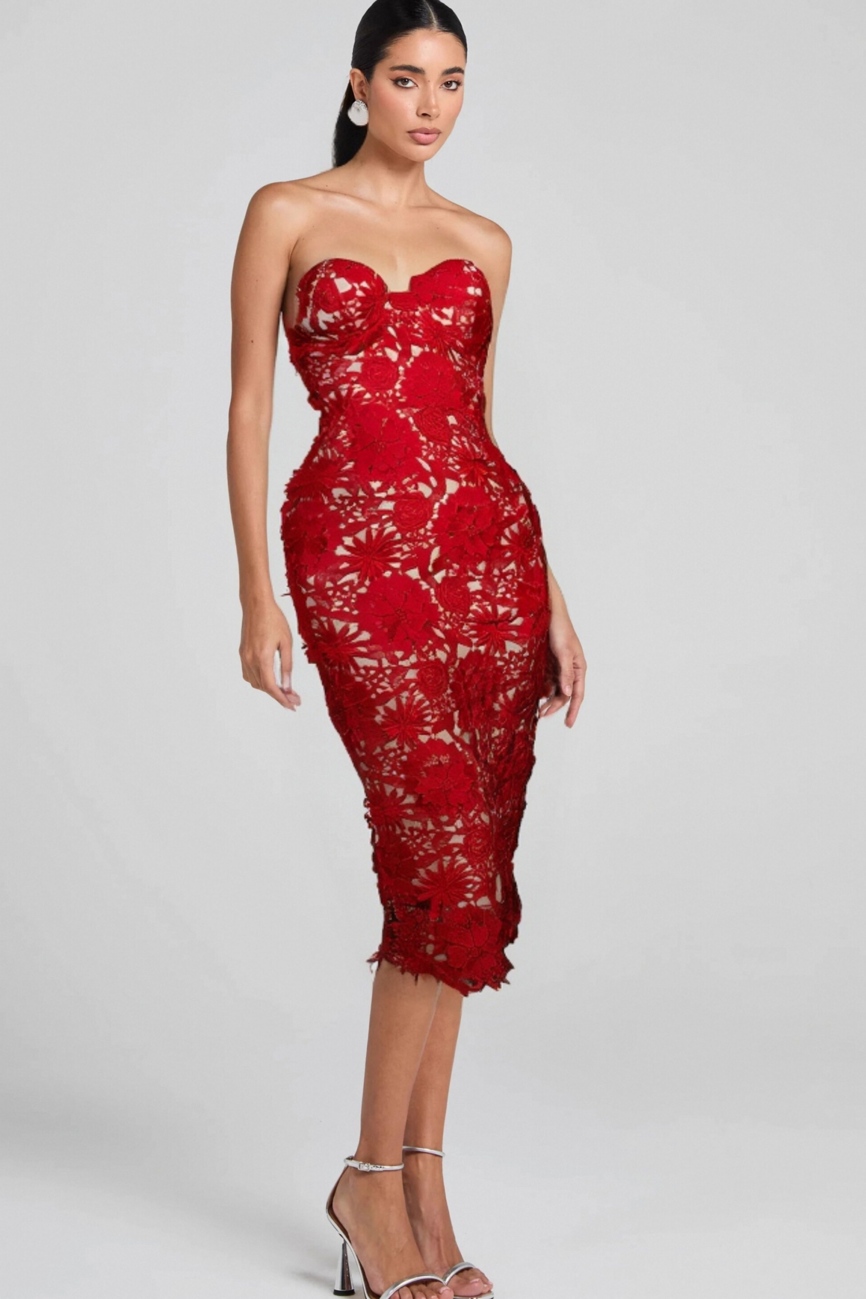 FLORAL EMBROIDERED RED MIDI DRESS FOR WEDDING