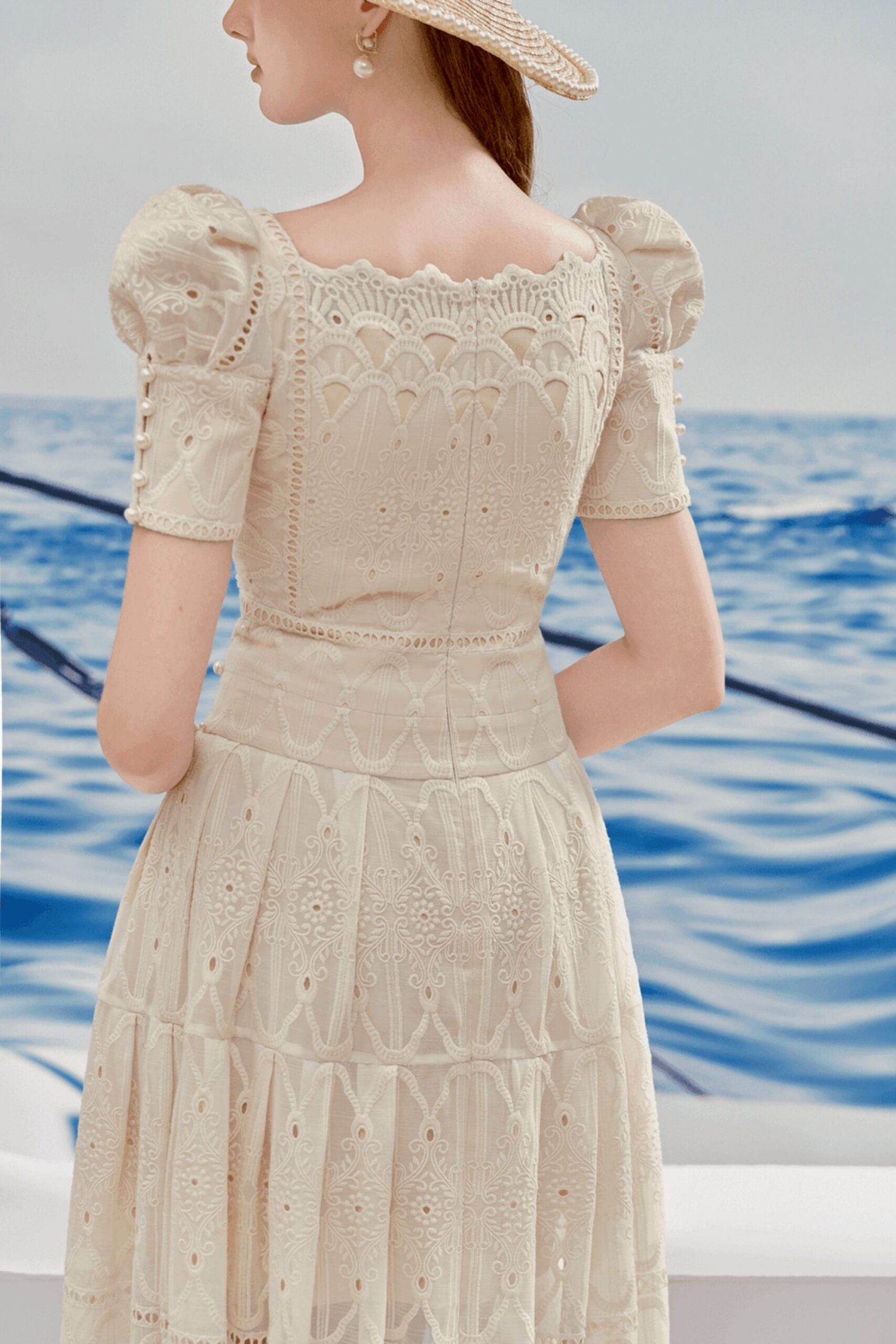 A-LINE LACE MIDI DRESS, LEG OF MUTTON SLEEVES, WEDDING GUEST