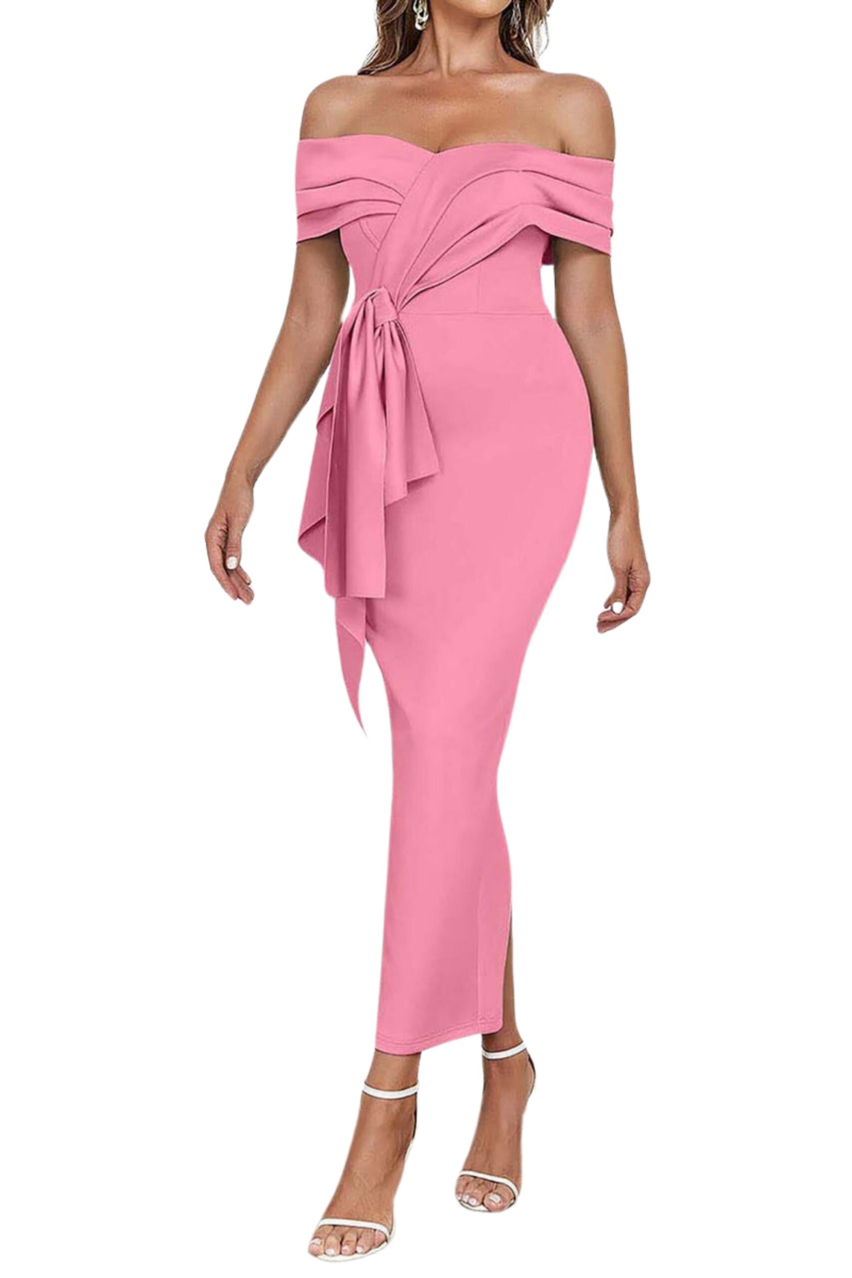 OFF SHOULDER SIDE SPLIT MIDI PINK DRESS