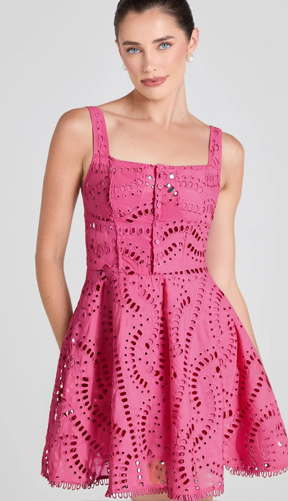 EMBROIDERED HOLLOW MINI DRESS HOT PINK PARTY