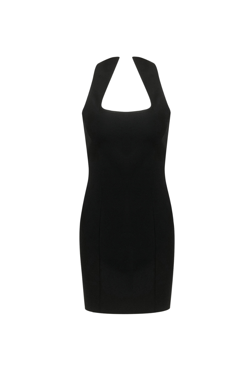 BANDAGE MINI DRESS, SLEEVELESS COLLARLESS BLACK COCKTAIL