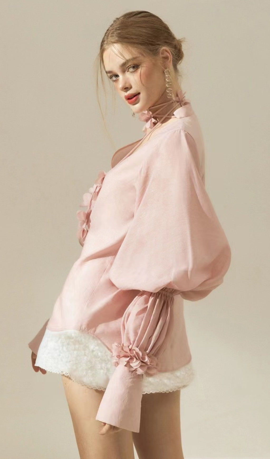 PUFF SLEEVE PINK TWO PIECE SUIT FOR WEDDING GUEST