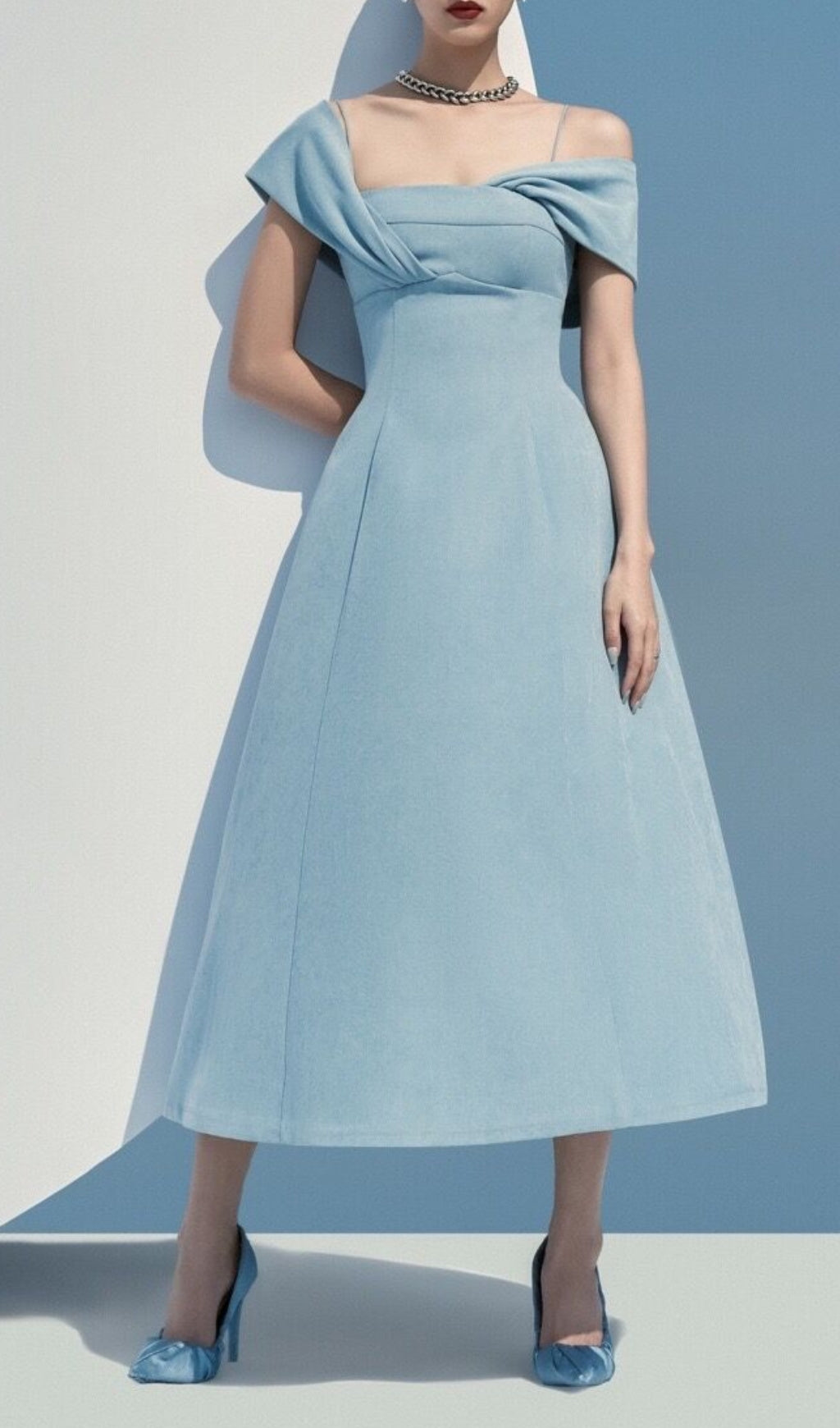 HAZE BLUE OBLIQUE SHOULDER MIDI DRESS