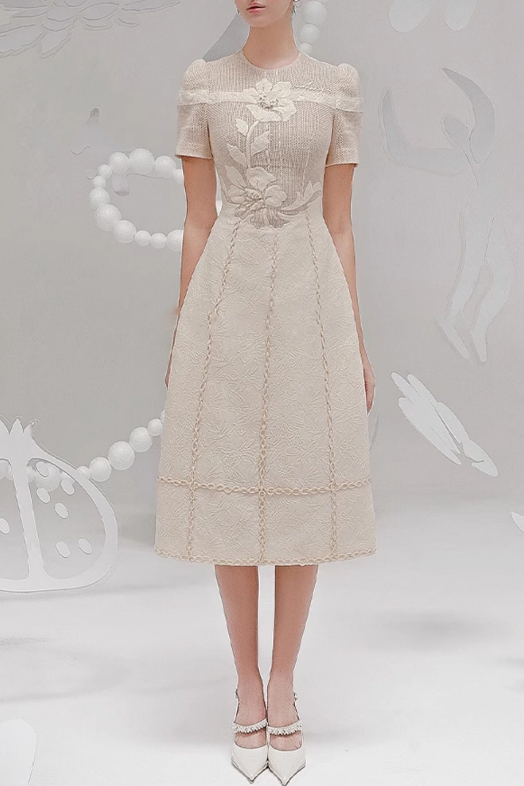 FLORAL WHITE MIDI DRESS FOR WEDDING GUEST