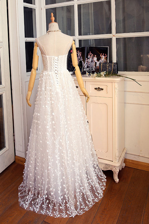 WHITE V-NECK LACE PROM DRESS
