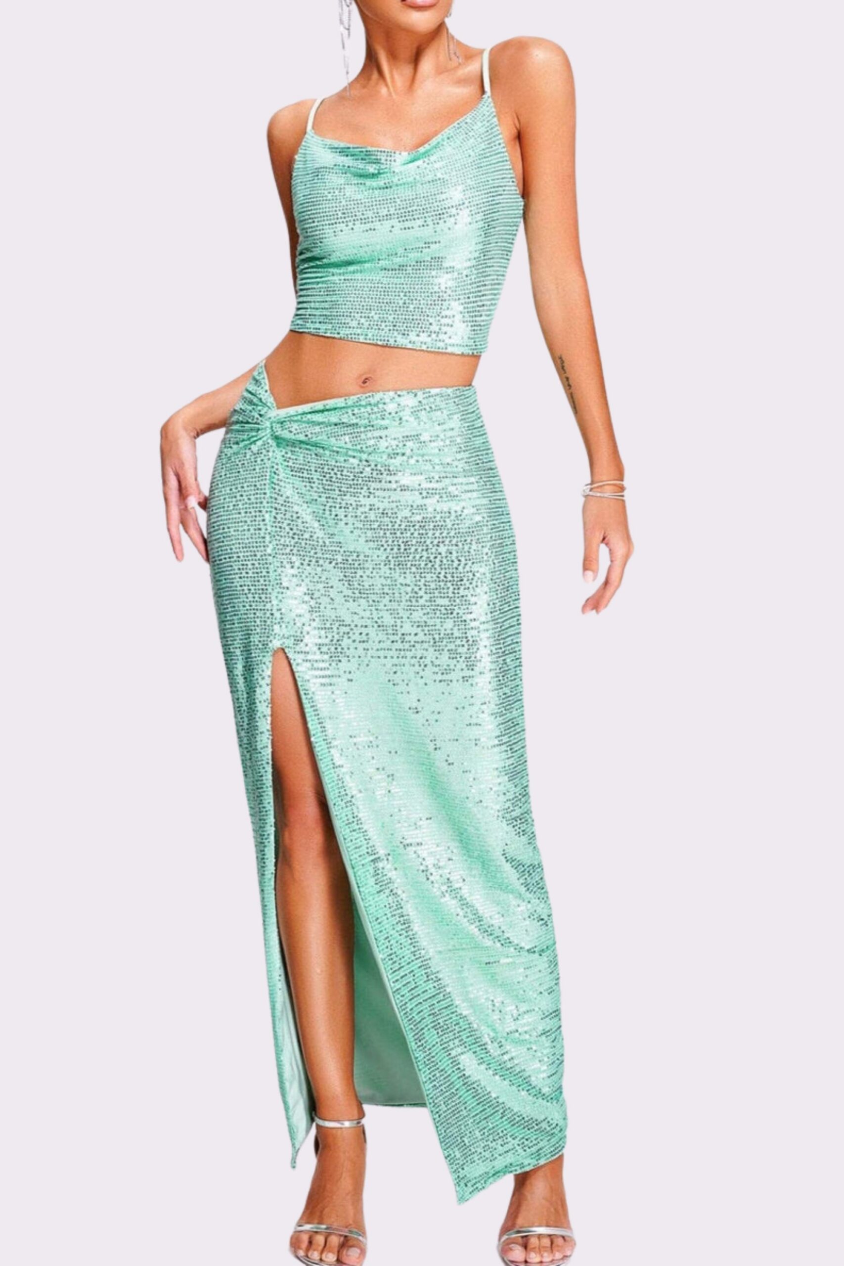 SEQUIN GREEN TWO PIECE SUIT FOR PARTY