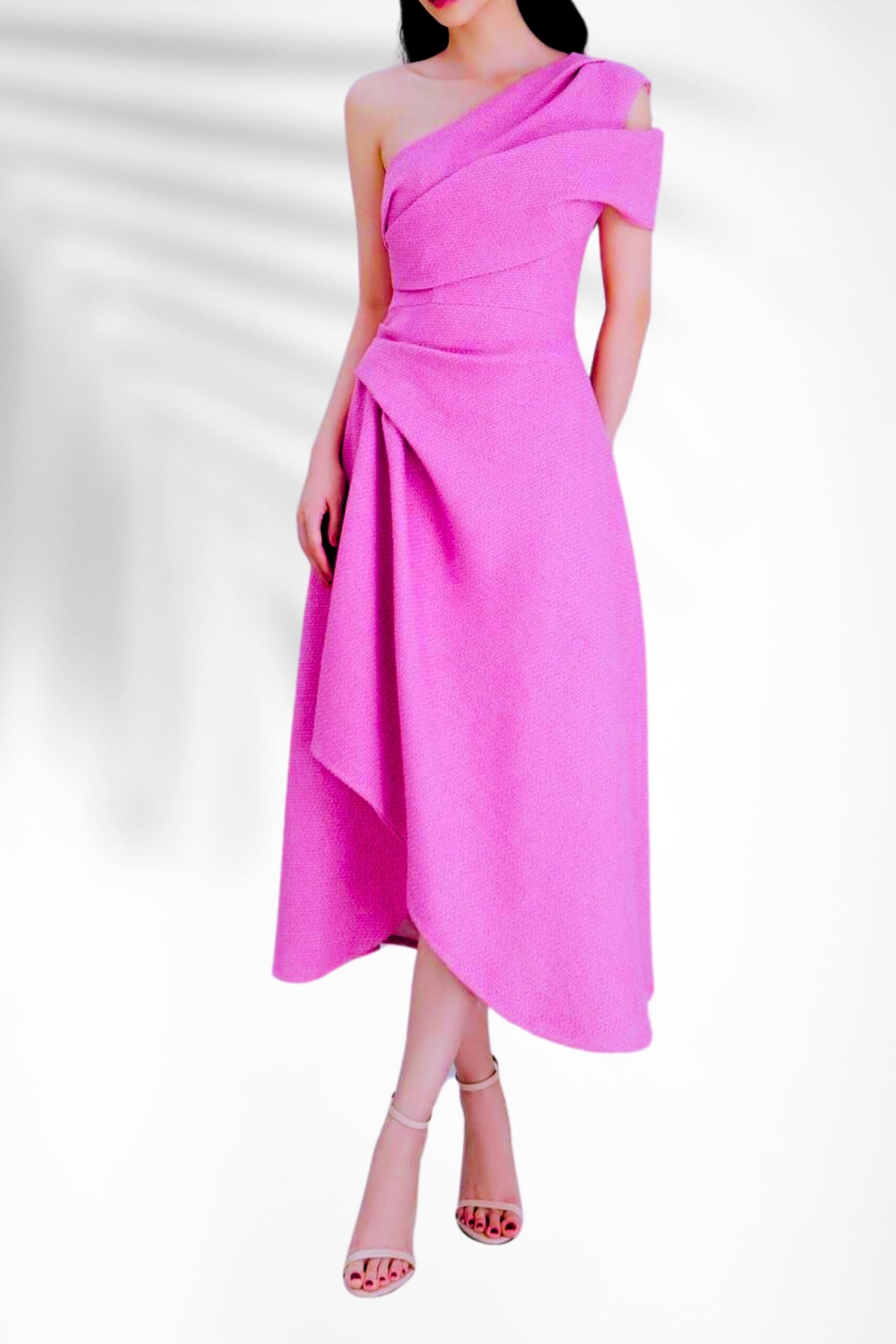SILVIE ONE SHOULDER TWEED MIDI DRESS HOT PINK