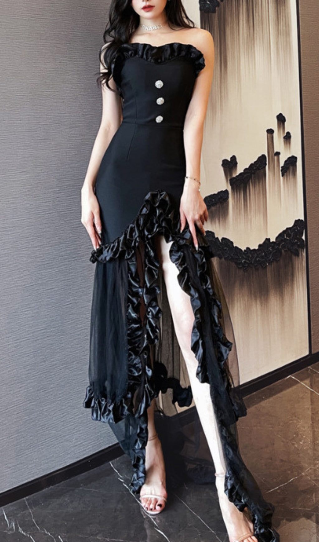 BLACK STRAPLESS TAIL MAXI DRESS, EVENING