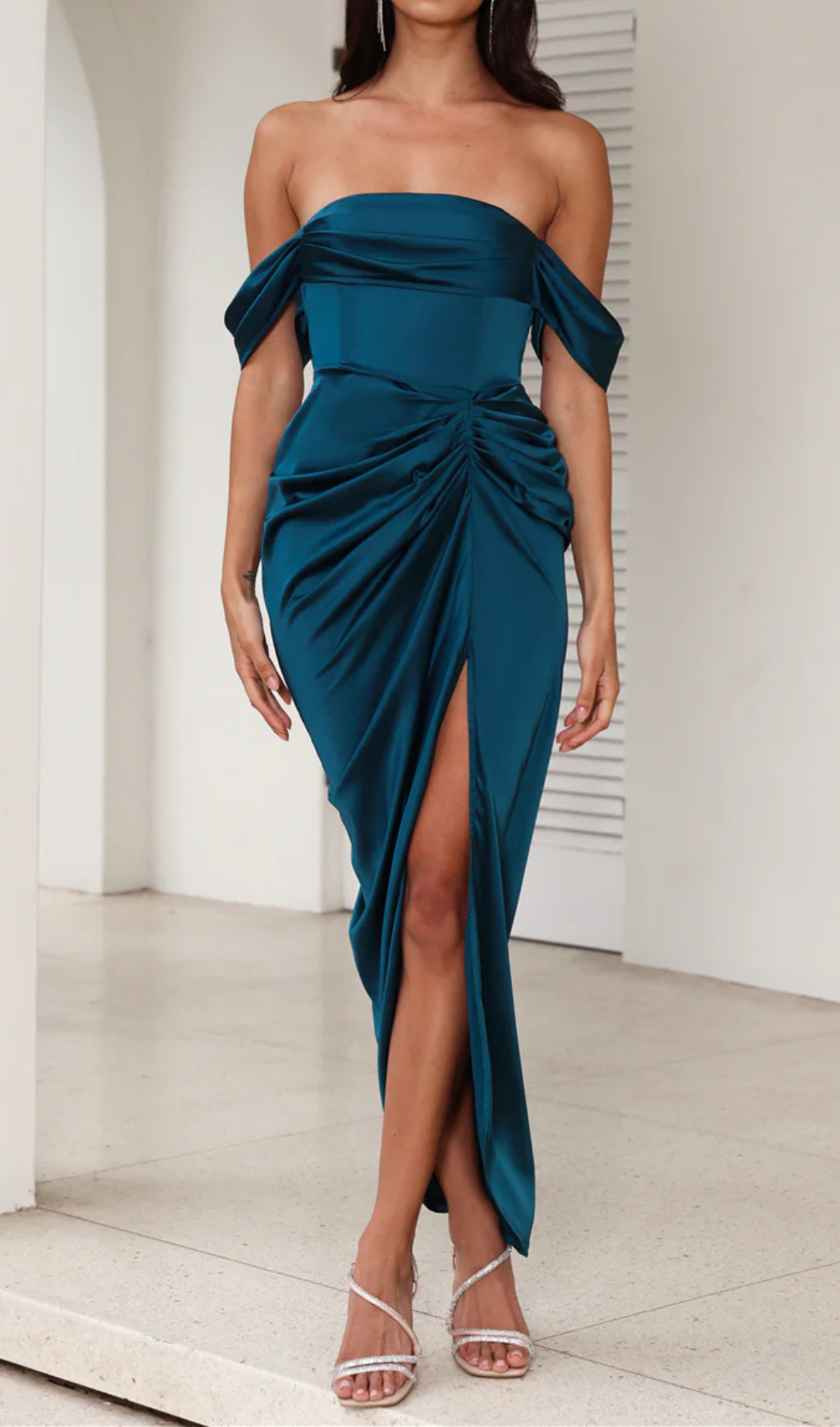 STRAPLESS TEAL SATIN MIDI DRESS FOR EVENTS