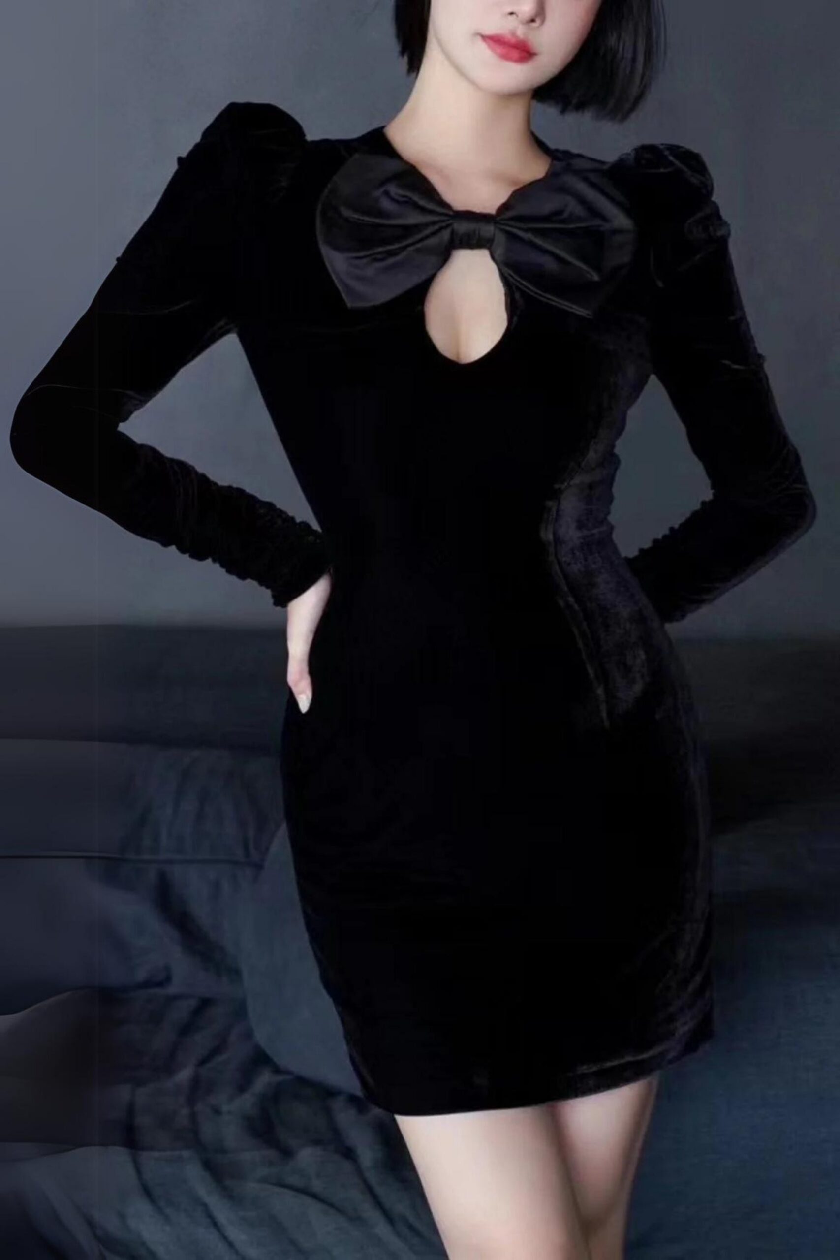 BLACK VELVET BOW LONG SLEEVE MINI DRESS