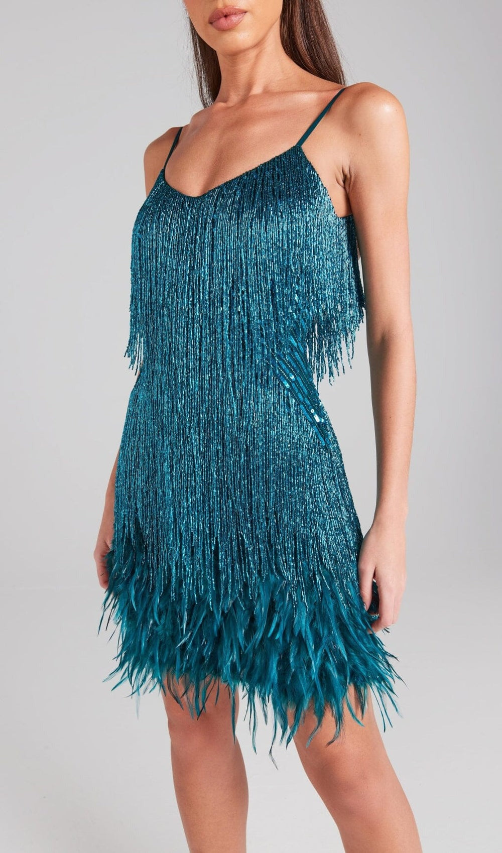 EMERALD FEATHER TASSEL MINI DRESS FOR PARTIES