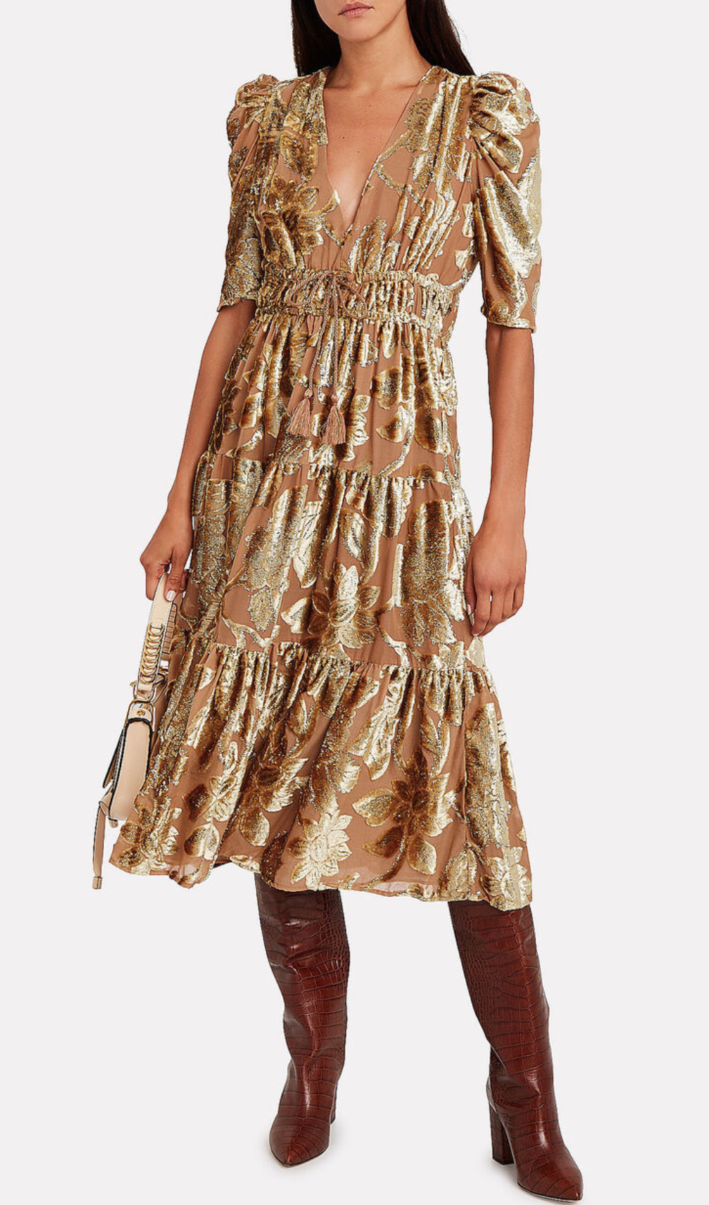 LORETTA GOLD METALLIC DEVORÉ MIDI DRESS