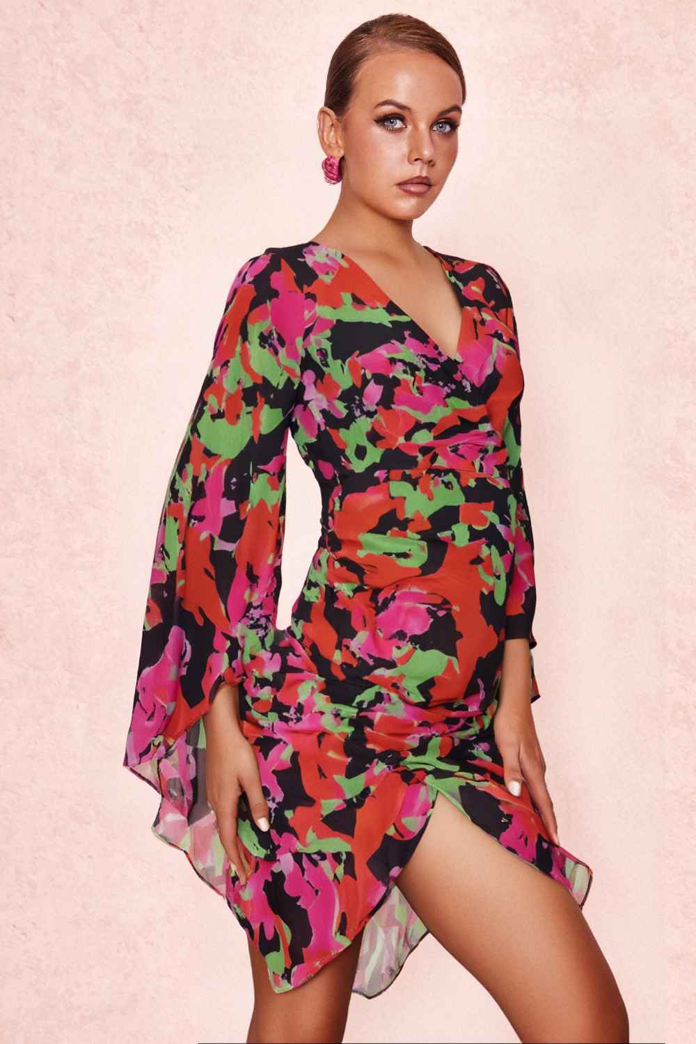 PRINTED RUFFLE MESH DRESS FOR PARTY