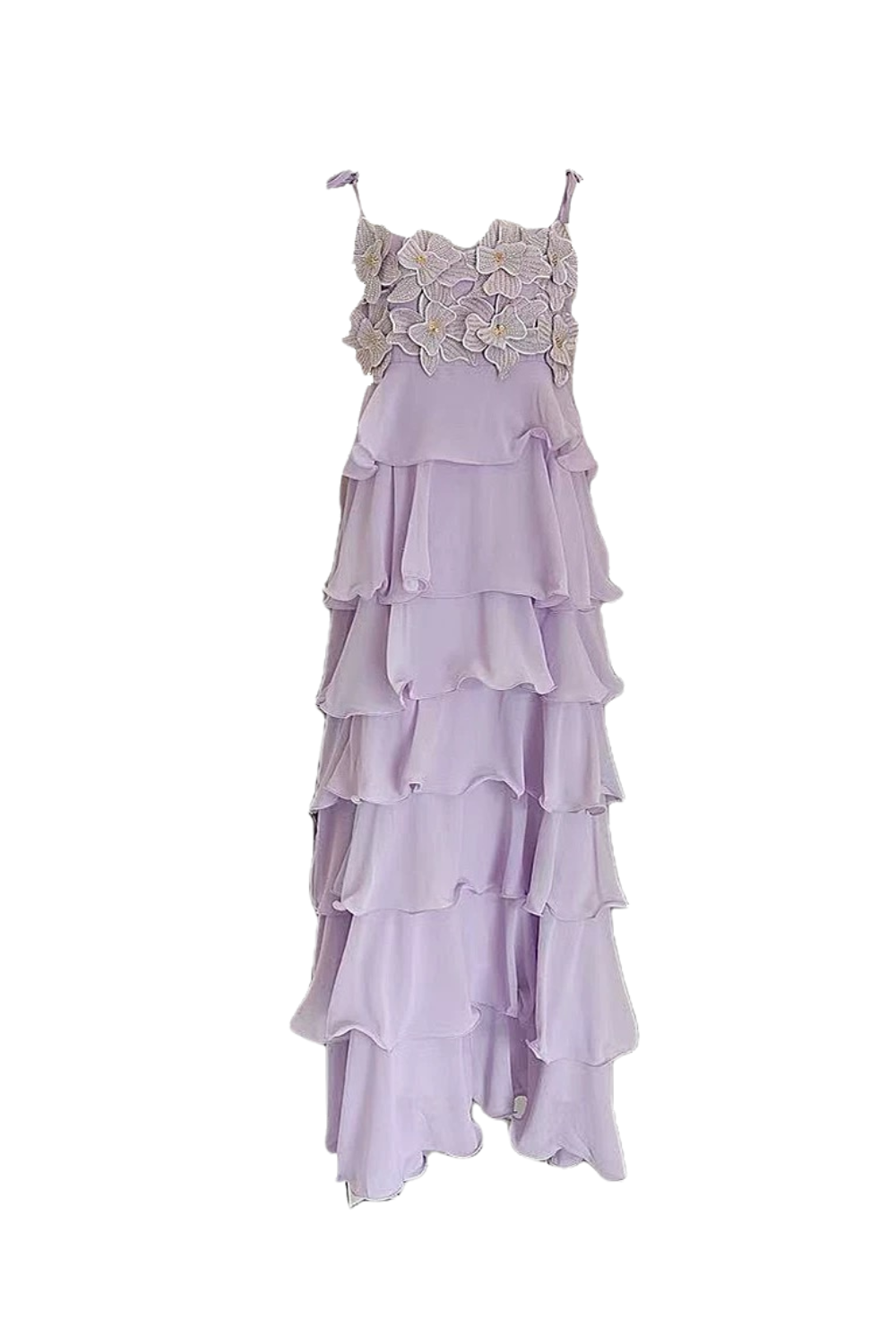 SEQUINED 3D-PETAL TIERED MAXI DRESS IN PURPLE