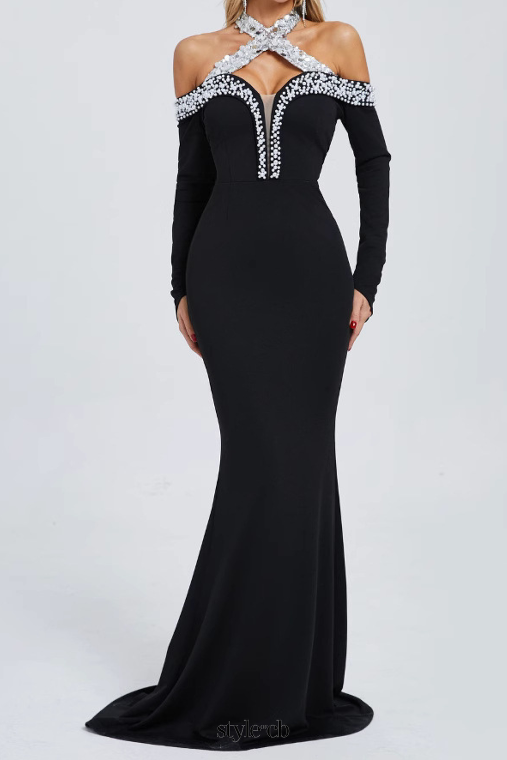 2_81bba36c-354f-41bb-a1f7-9d19c1bc492c HALTER PEARL CRYSTAL GOWN, BLACK FORMAL