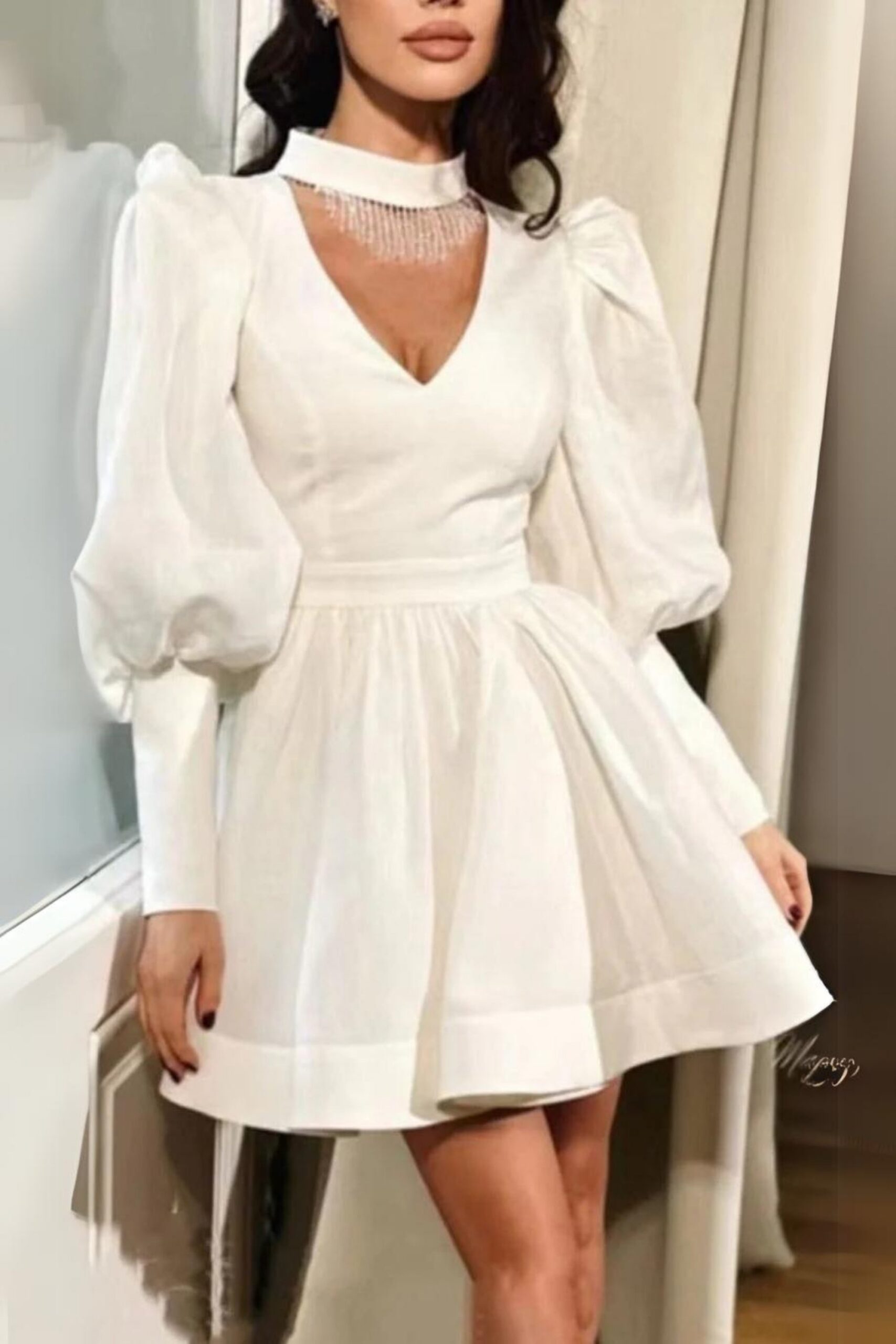 HALTER PUFF SLEEVE FRINGE MINI DRESS