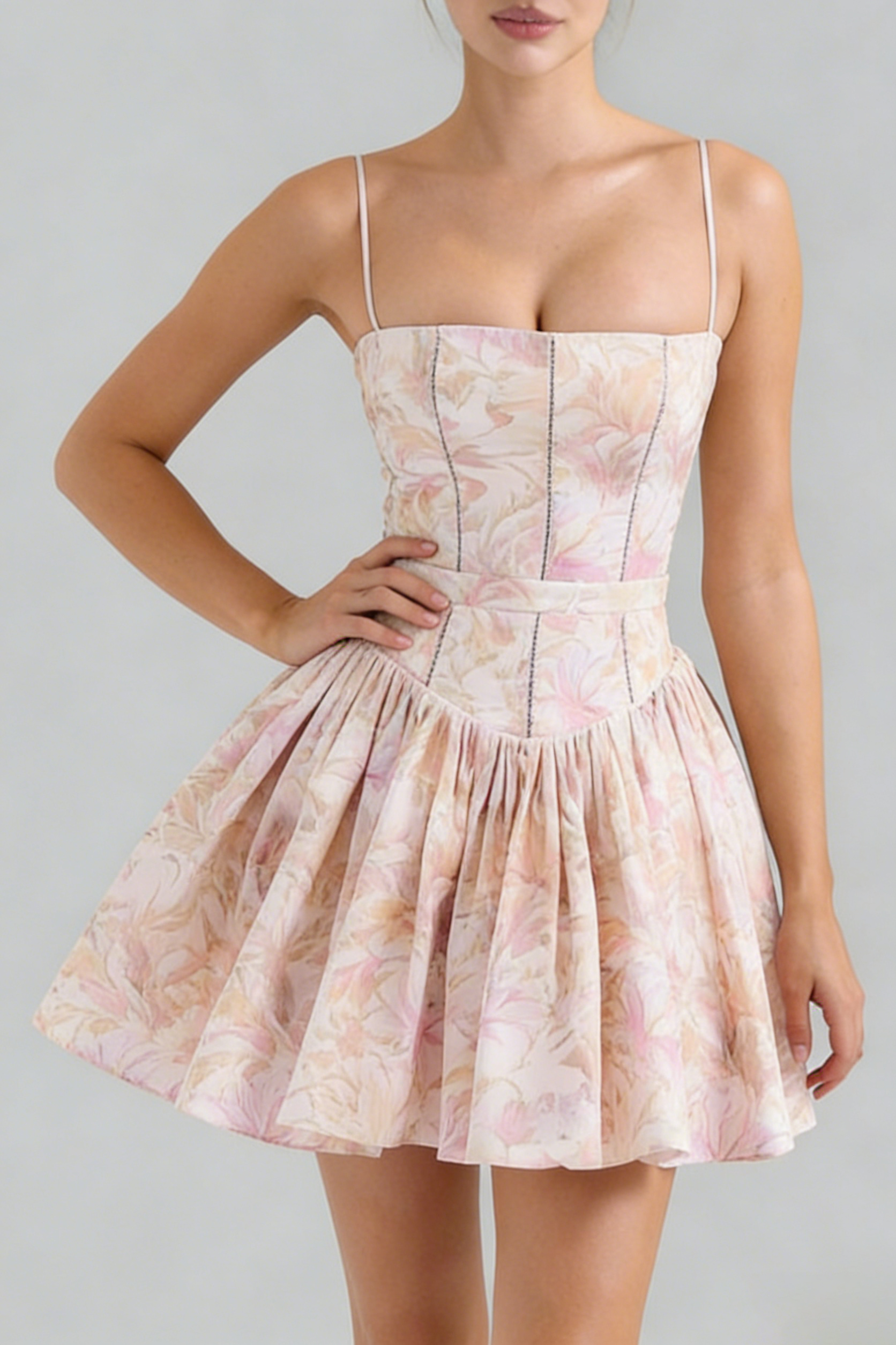 HELEN FLORAL PEACH MINI DRESS - A-LINE COTTON