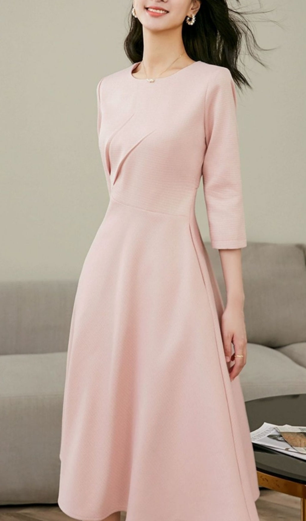 ELEGANT PINK LONG SLEEVE MIDI DRESS FOR WEDDING GUEST