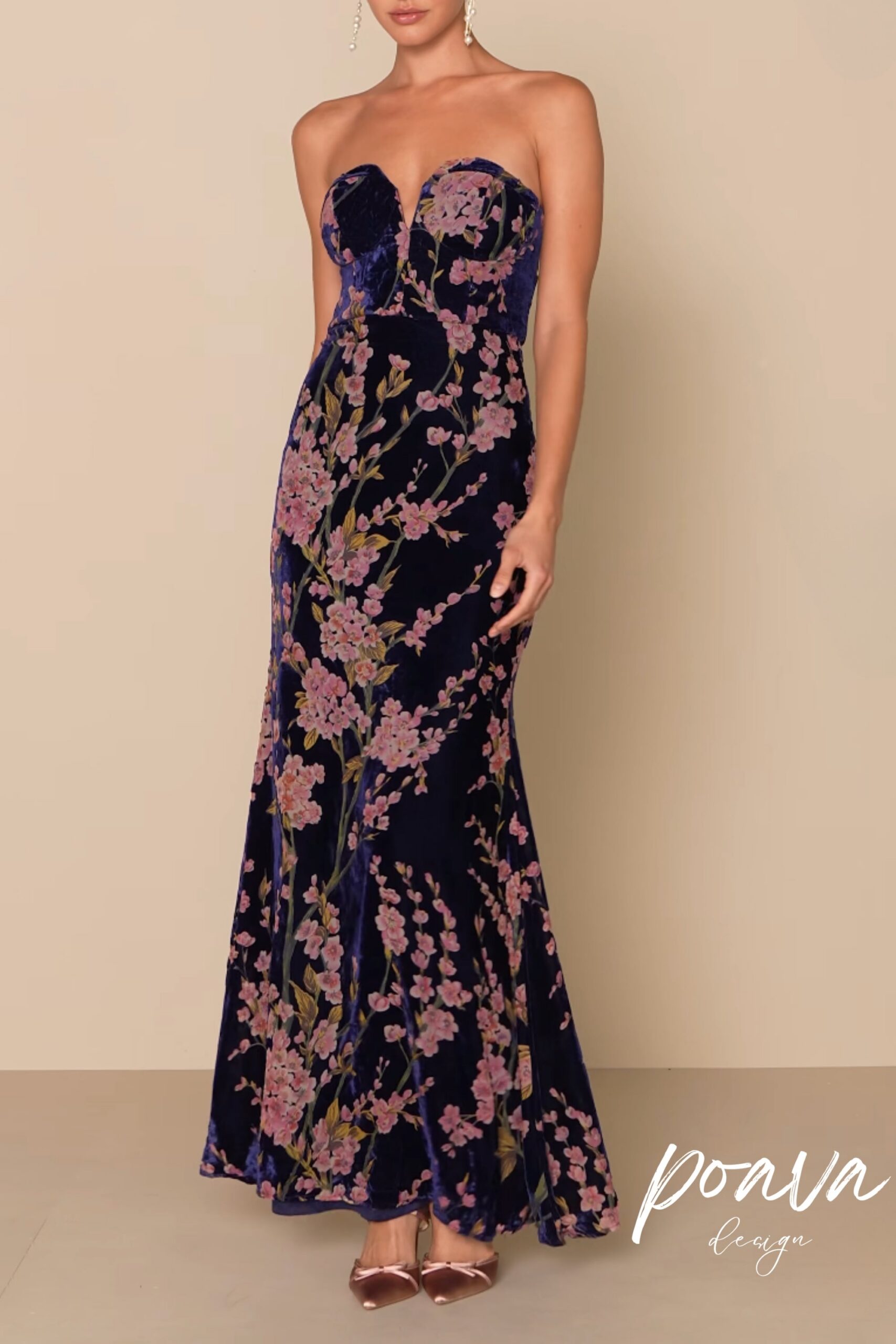 NAVY FLORAL VELVET STRAPLESS MAXI DRESS, FORMAL