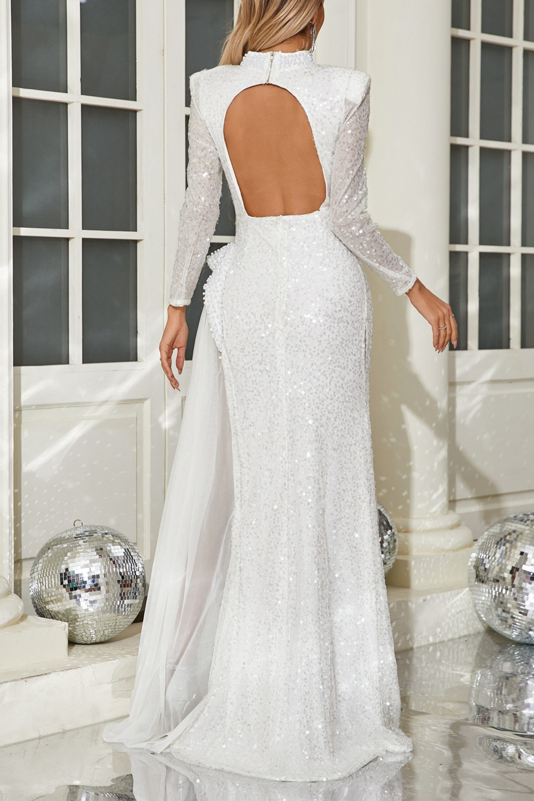YVETTE PEARL SEQUIN MAXI DRESS WHITE