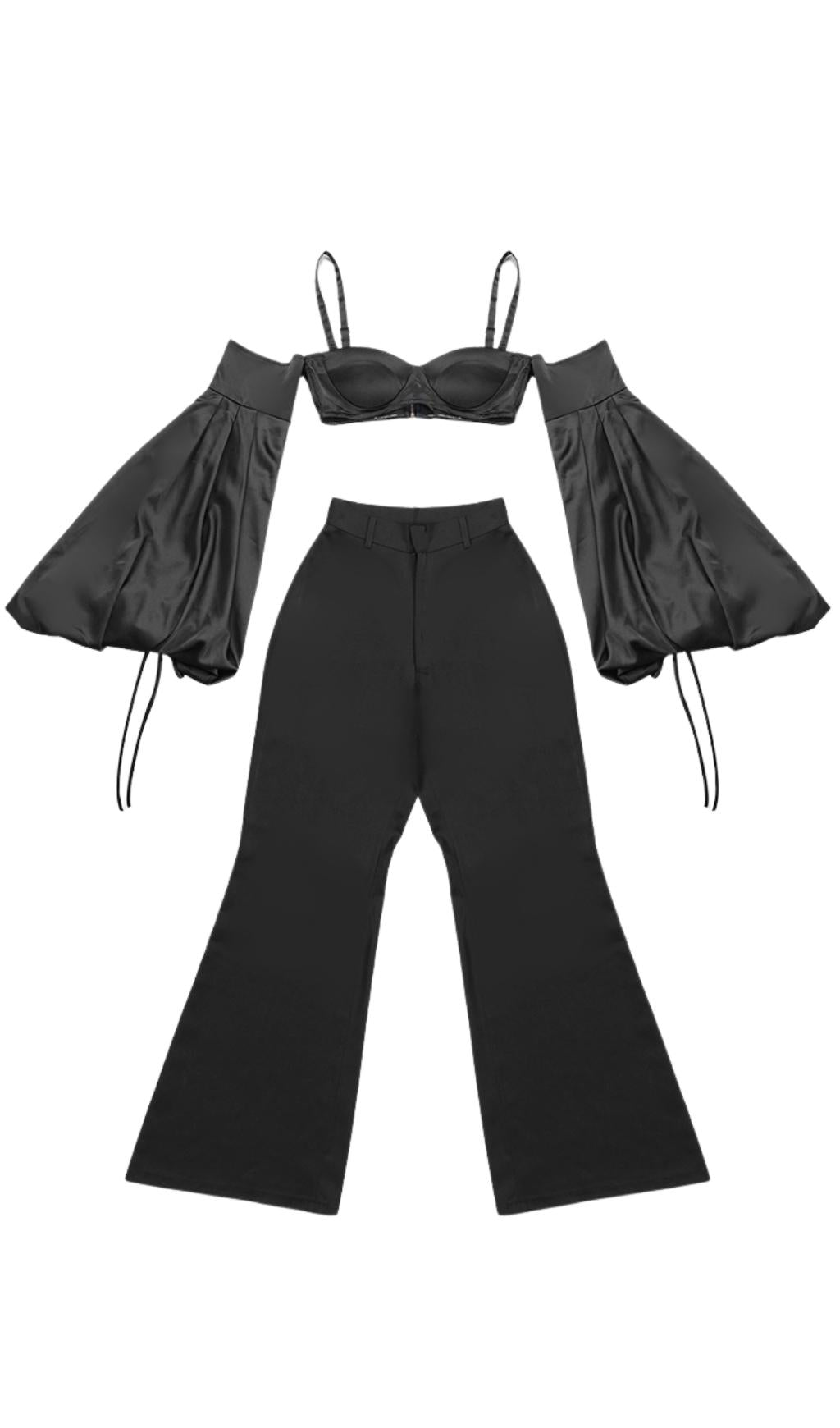 BUBBLE SLEEVE TWO-PIECE BLACK SUIT SET