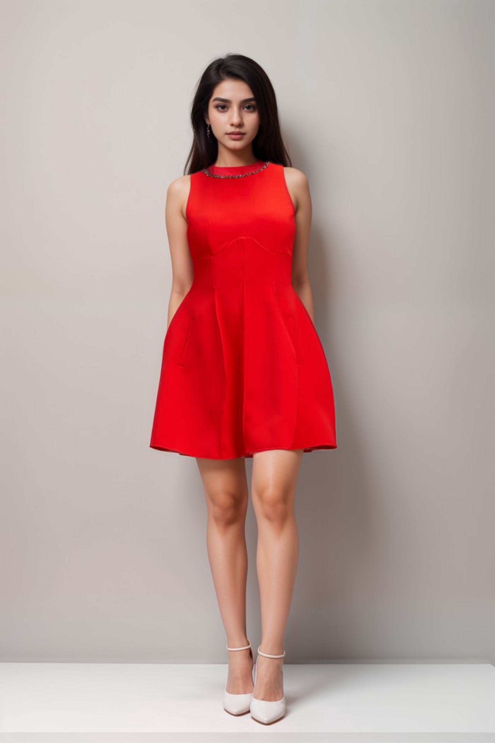 KATIE RED CRYSTAL PUFF MINI DRESS FOR PARTY