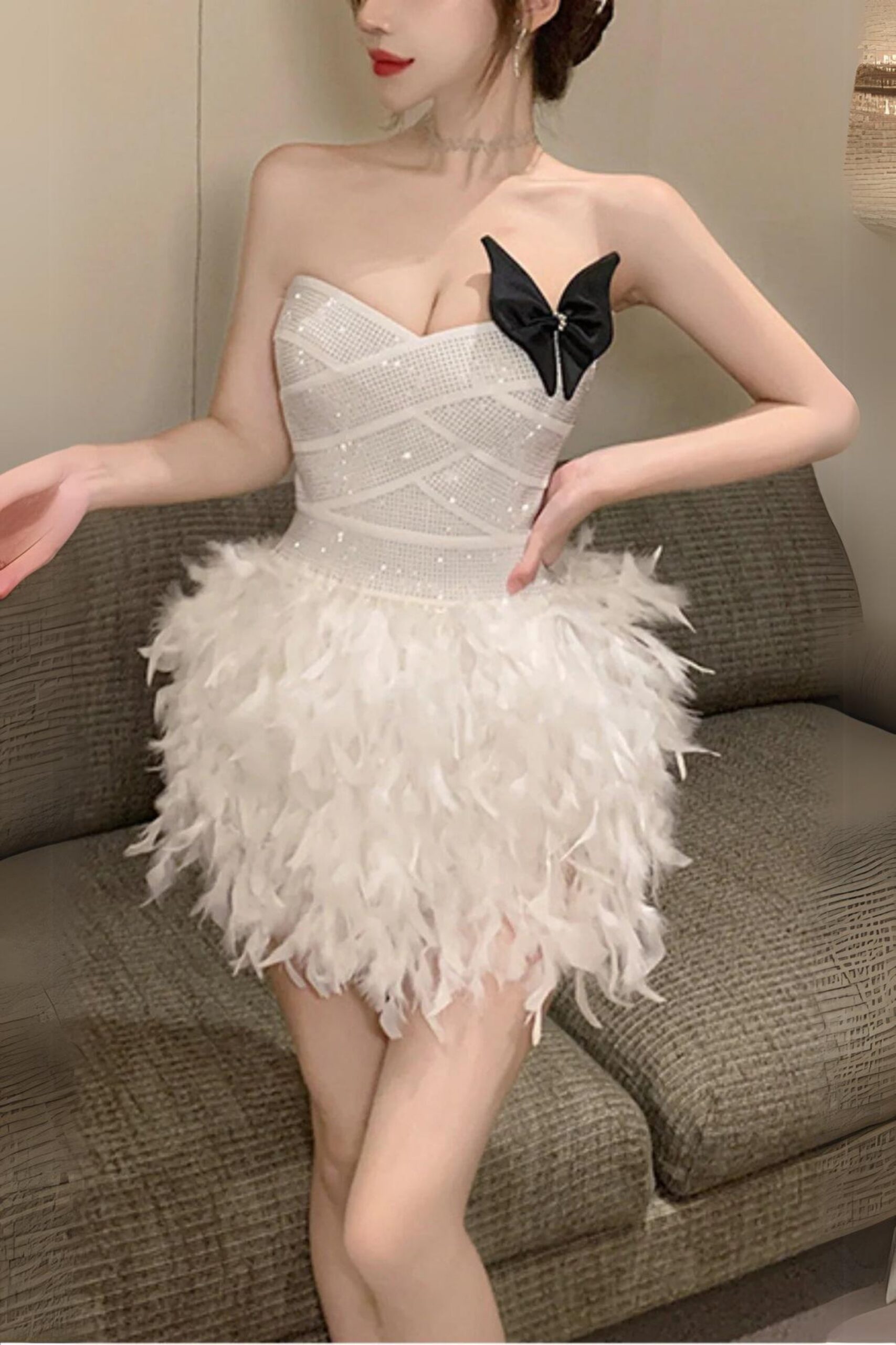 RHINESTONE FEATHER STRAPLESS WHITE MINI DRESS