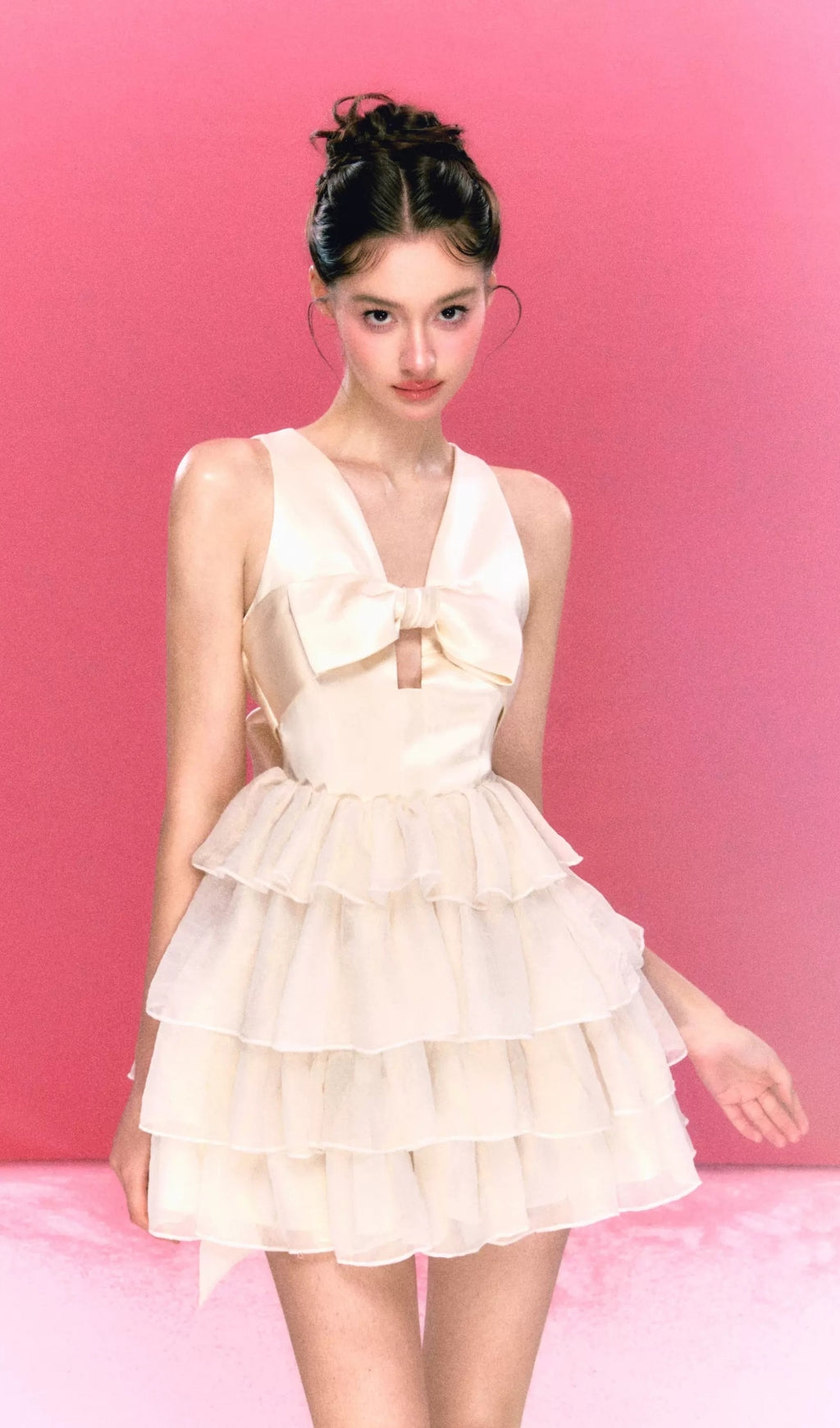 2_8fcb379e-3285-49a7-afb8-5d9283350cd1 BEIGE BOW TIERED MINI DRESS FOR BABY SHOWER