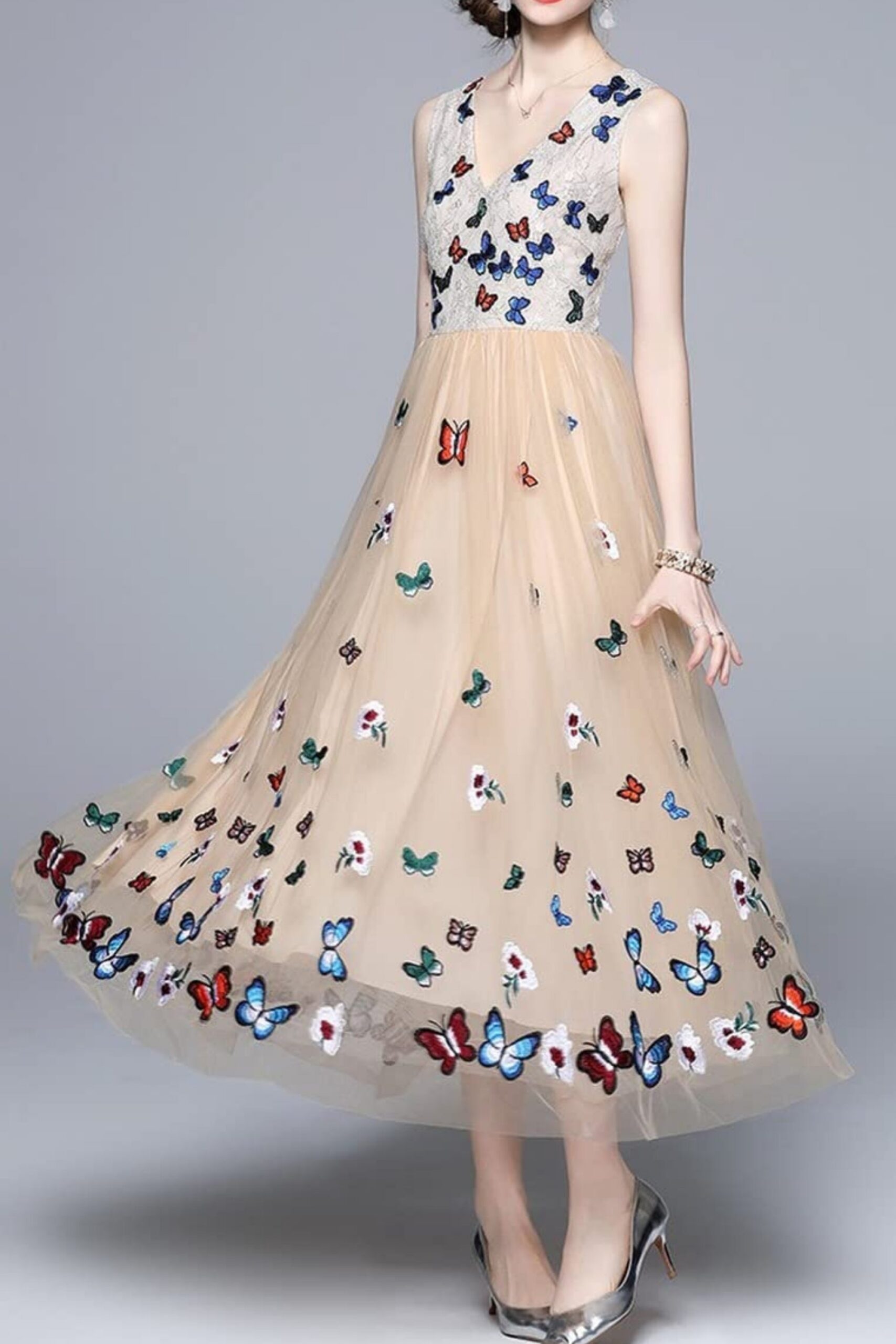 BUTTERFLY LACE MIDI DRESS, BEIGE, ELEGANT OCCASION