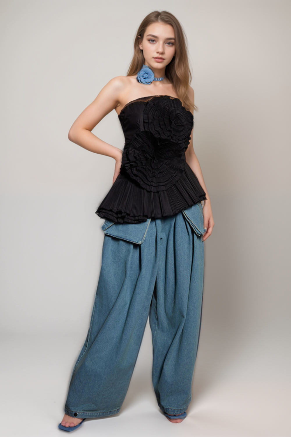 2_93c9fa0e-04e3-4041-979e-c397d876f35d STRAPLESS BLACK FLOWER PLEATED TOP FOR PARTY