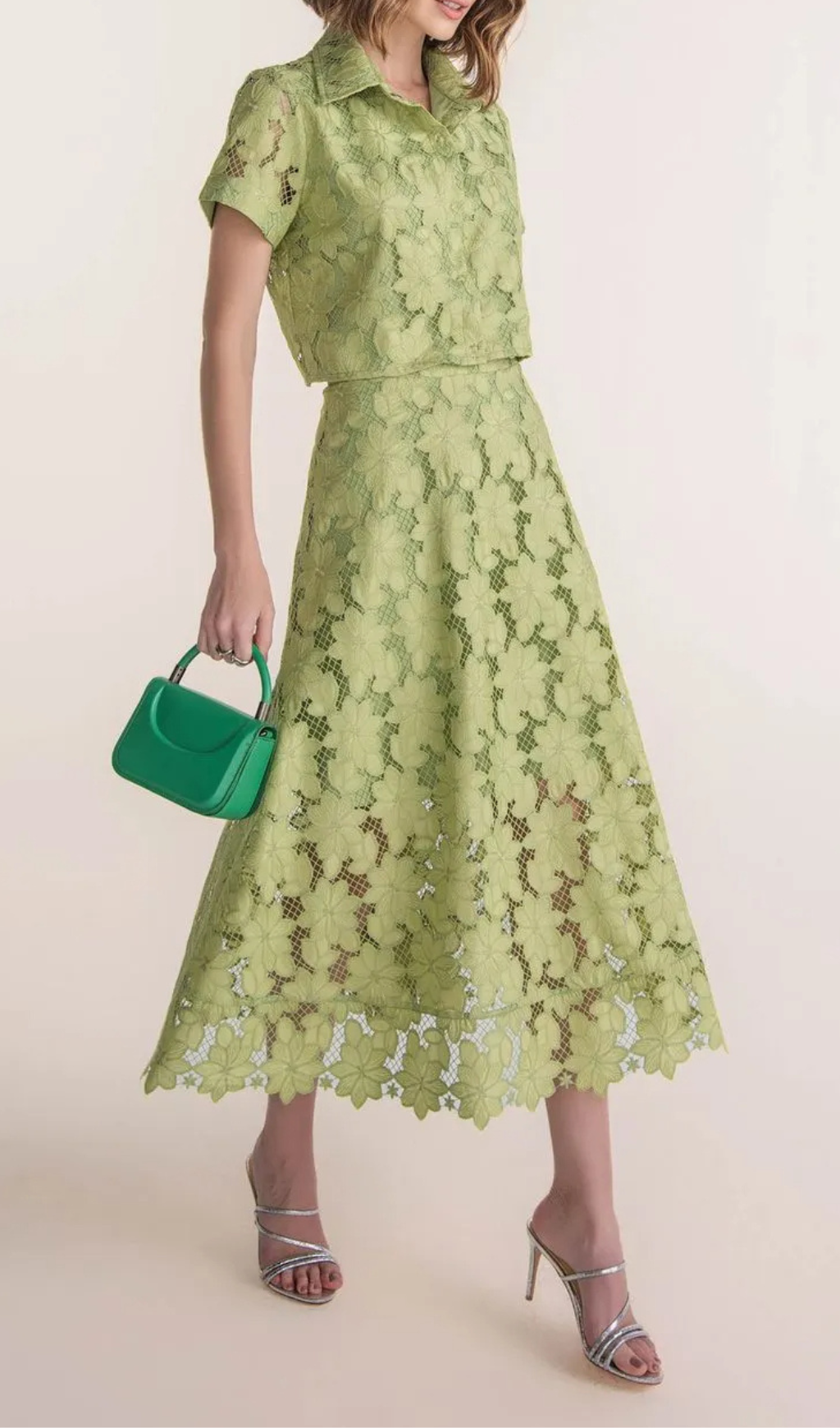 GUIPURE GREEN MIDI SKIRT & CROP SET