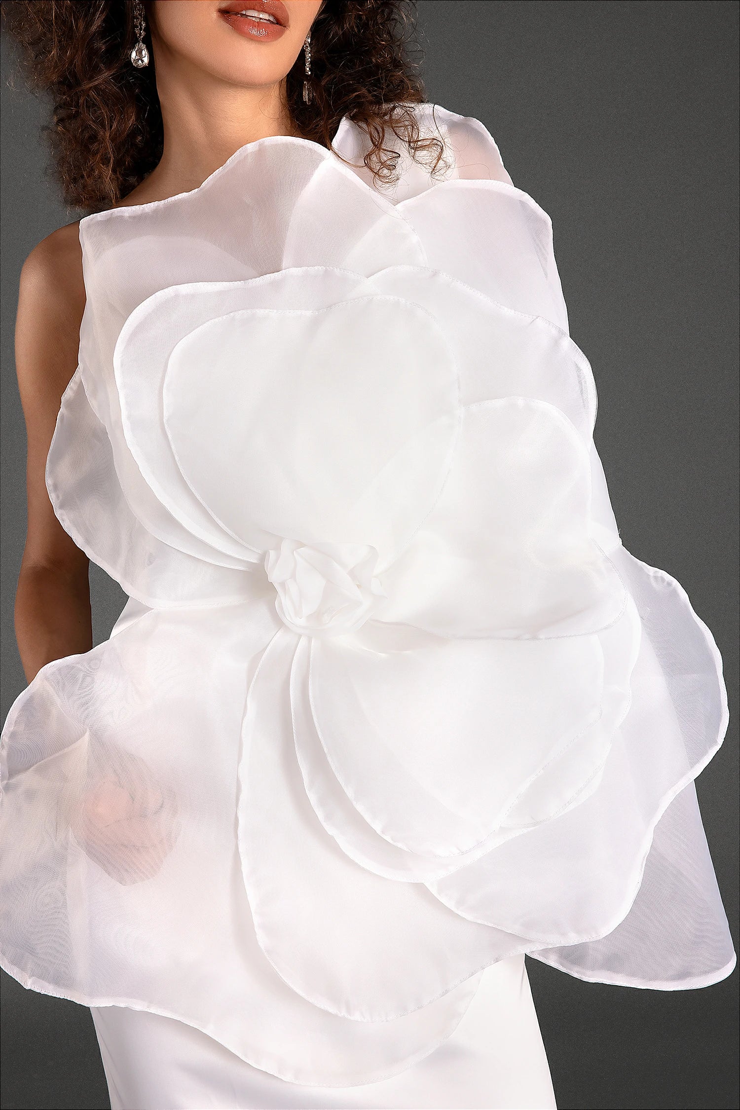 MUSTELIS ONE SHOULDER 3D FLORAL MIDI DRESS FOR WEDDING