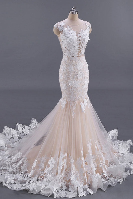 CHAMPAGNE TULLE LACE PROM GOWN