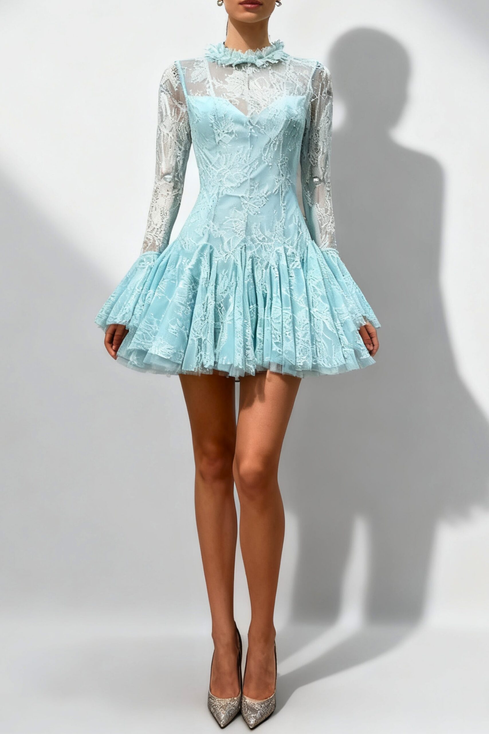 BLUE EMBROIDERED FLARED MINI DRESS FOR PARTY