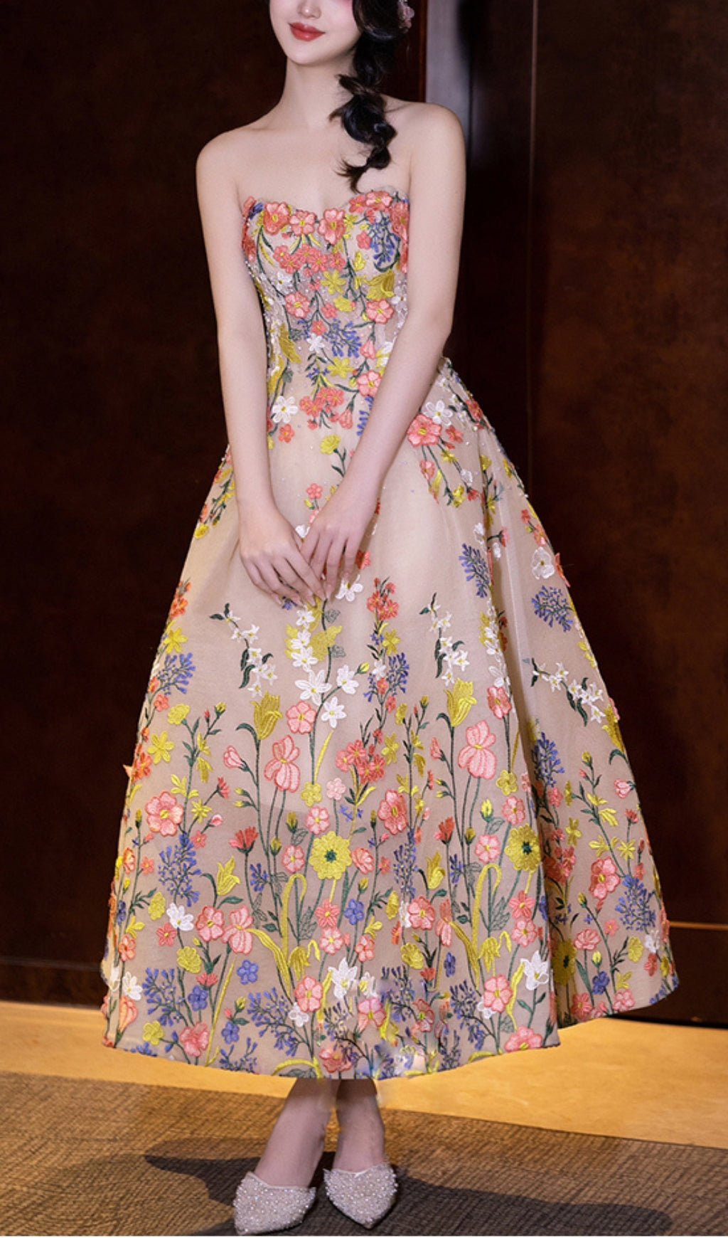 STRAPLESS FLORAL MIDI DRESS, TEA LENGTH, WEDDING GUEST