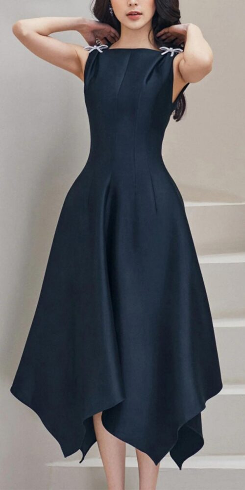 BLACK BUTTERFLY SLEEVELESS HIGH WAIST IRREGULAR SWING MIDI DRESS