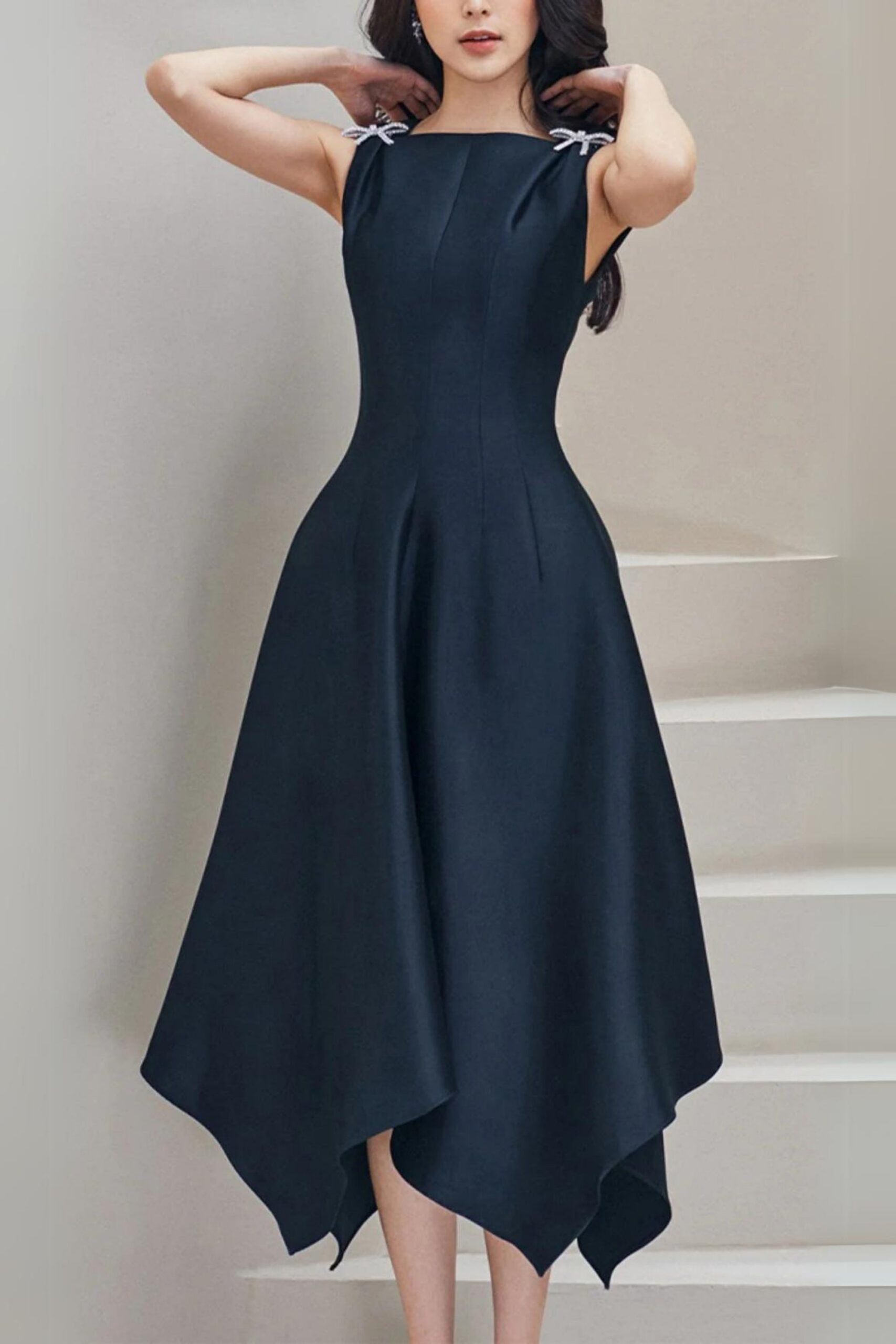 BLACK BUTTERFLY SLEEVELESS HIGH WAIST SWING MIDI DRESS